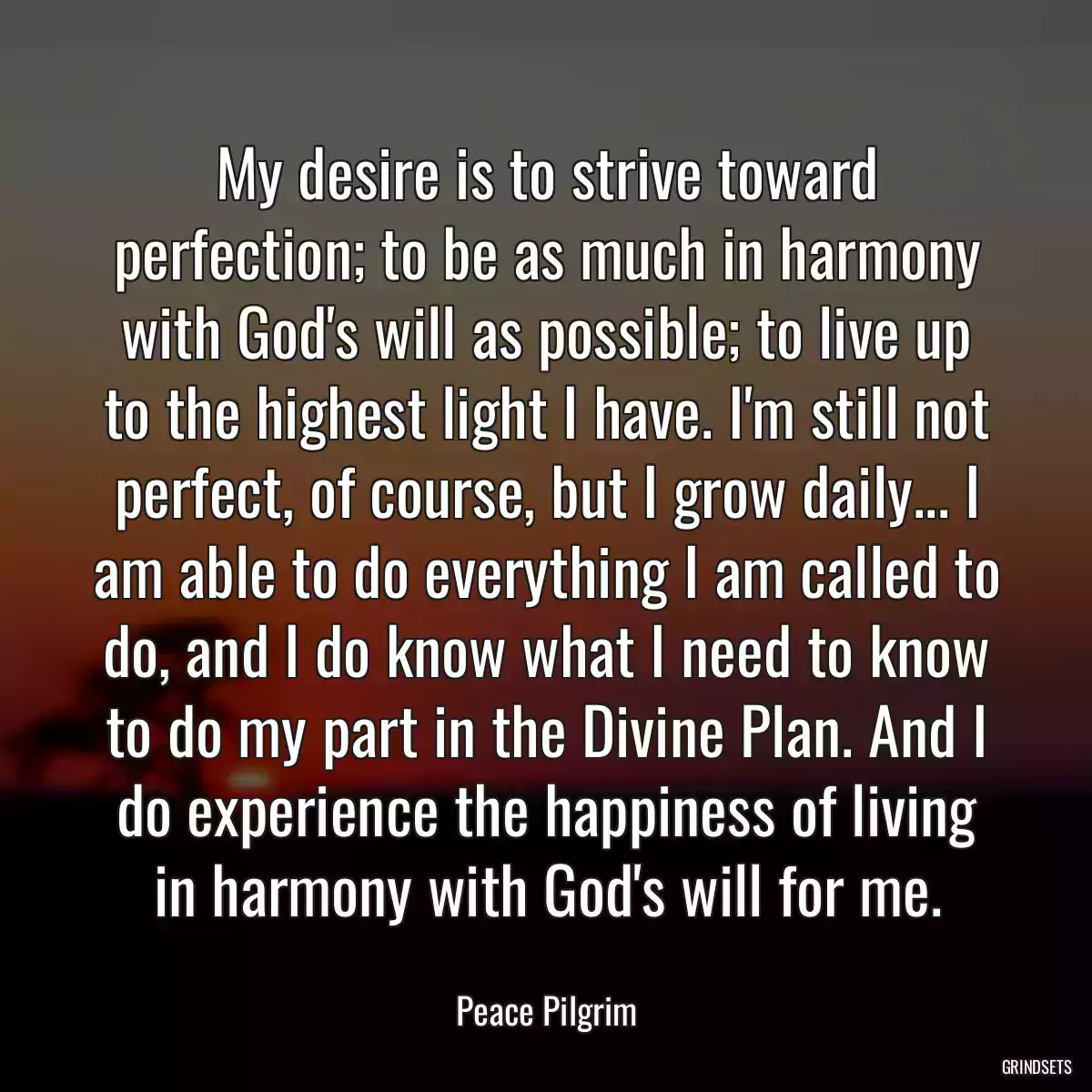 My desire is to strive toward perfection; to be as much in harmony with God\'s will as possible; to live up to the highest light I have. I\'m still not perfect, of course, but I grow daily... I am able to do everything I am called to do, and I do know what I need to know to do my part in the Divine Plan. And I do experience the happiness of living in harmony with God\'s will for me.