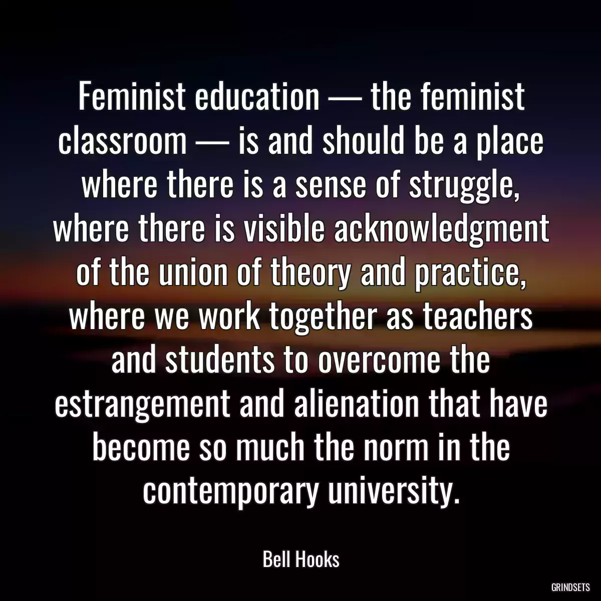 Feminist education — the feminist classroom — is and should be a place where there is a sense of struggle, where there is visible acknowledgment of the union of theory and practice, where we work together as teachers and students to overcome the estrangement and alienation that have become so much the norm in the contemporary university.