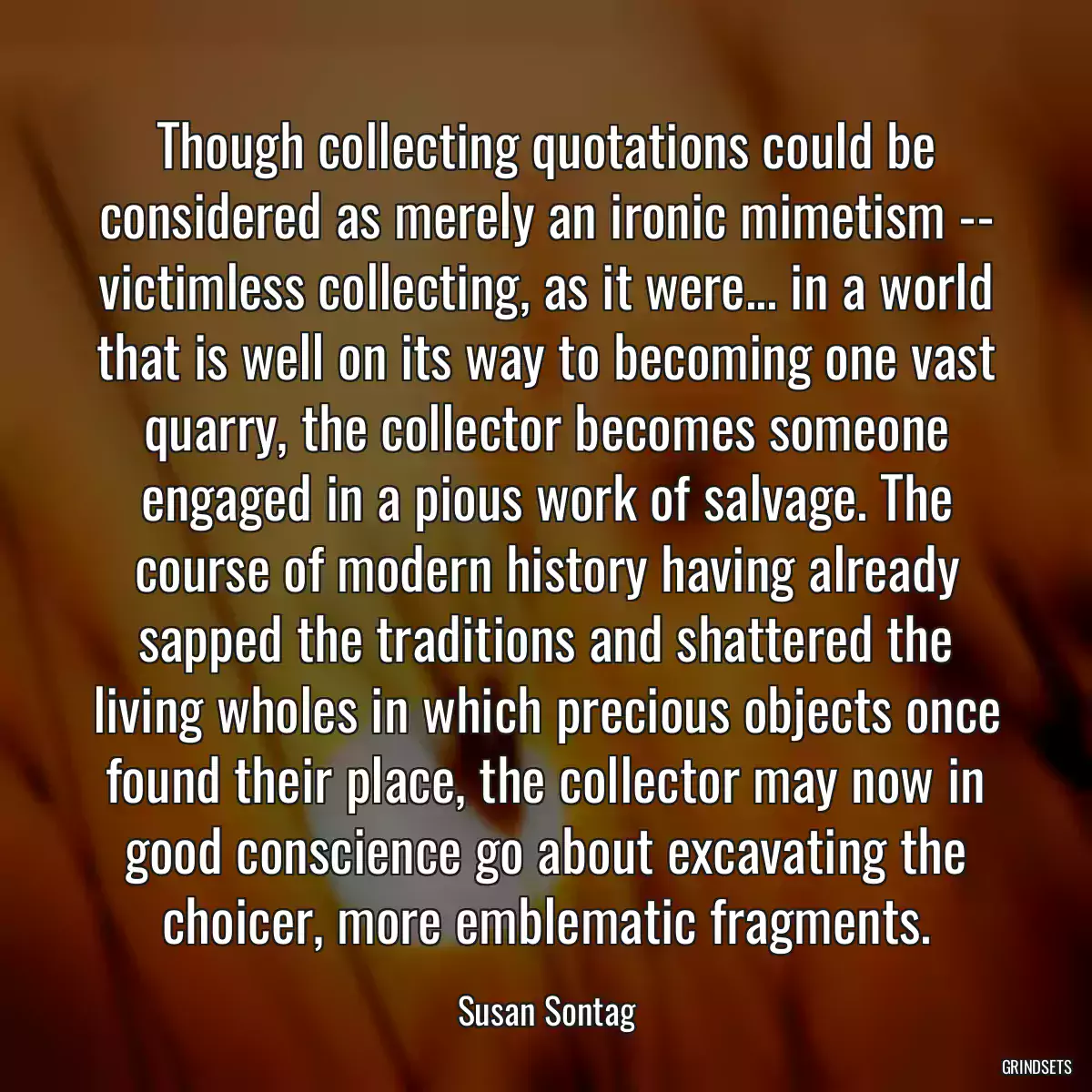 Though collecting quotations could be considered as merely an ironic mimetism -- victimless collecting, as it were... in a world that is well on its way to becoming one vast quarry, the collector becomes someone engaged in a pious work of salvage. The course of modern history having already sapped the traditions and shattered the living wholes in which precious objects once found their place, the collector may now in good conscience go about excavating the choicer, more emblematic fragments.