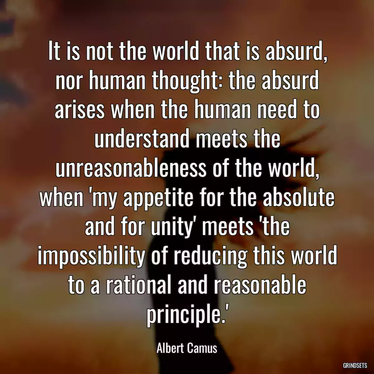 It is not the world that is absurd, nor human thought: the absurd arises when the human need to understand meets the unreasonableness of the world, when \'my appetite for the absolute and for unity\' meets \'the impossibility of reducing this world to a rational and reasonable principle.\'