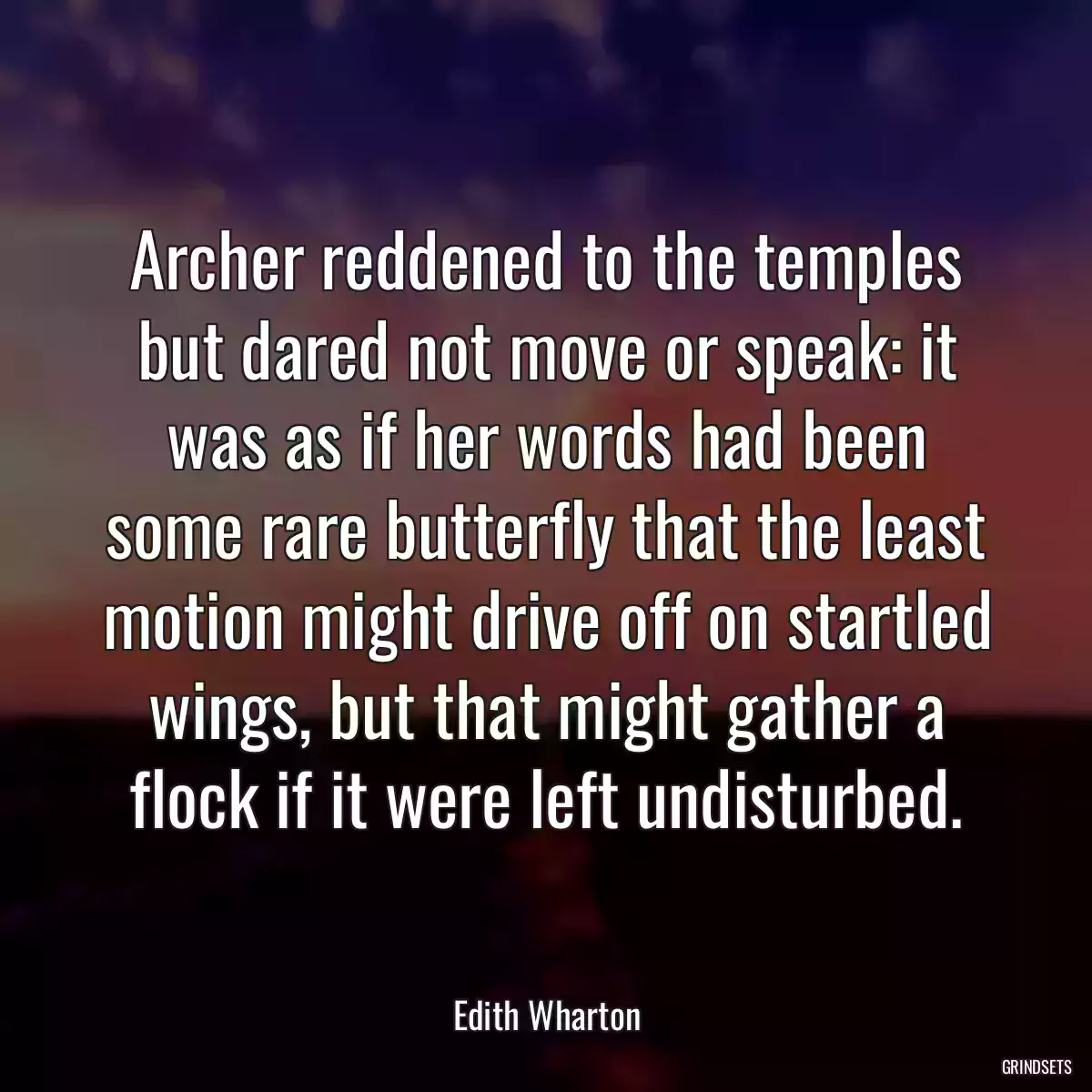 Archer reddened to the temples but dared not move or speak: it was as if her words had been some rare butterfly that the least motion might drive off on startled wings, but that might gather a flock if it were left undisturbed.