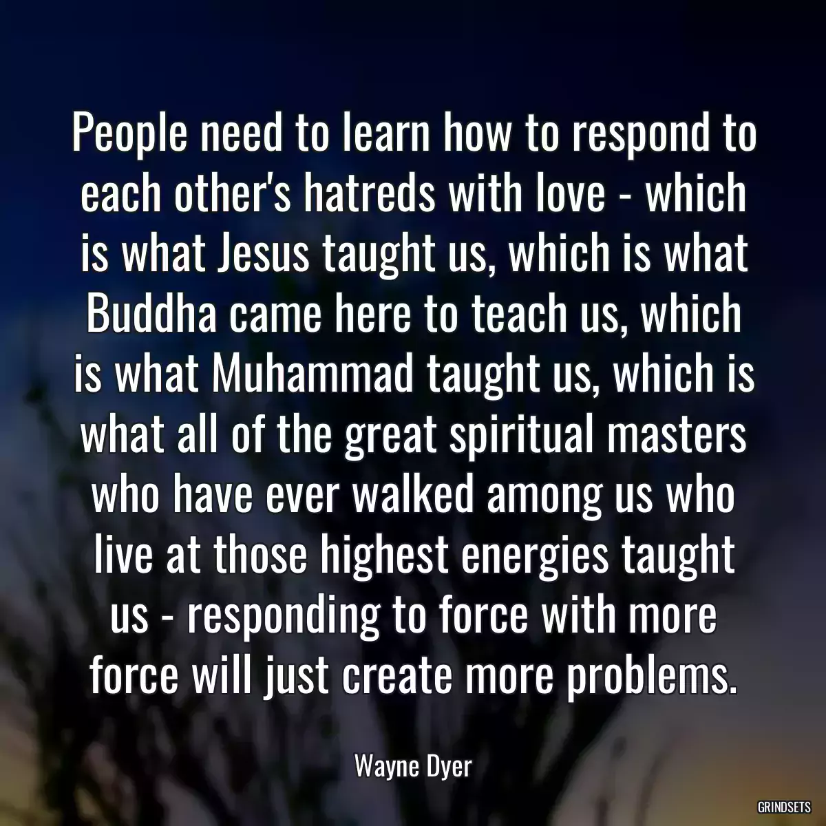 People need to learn how to respond to each other\'s hatreds with love - which is what Jesus taught us, which is what Buddha came here to teach us, which is what Muhammad taught us, which is what all of the great spiritual masters who have ever walked among us who live at those highest energies taught us - responding to force with more force will just create more problems.