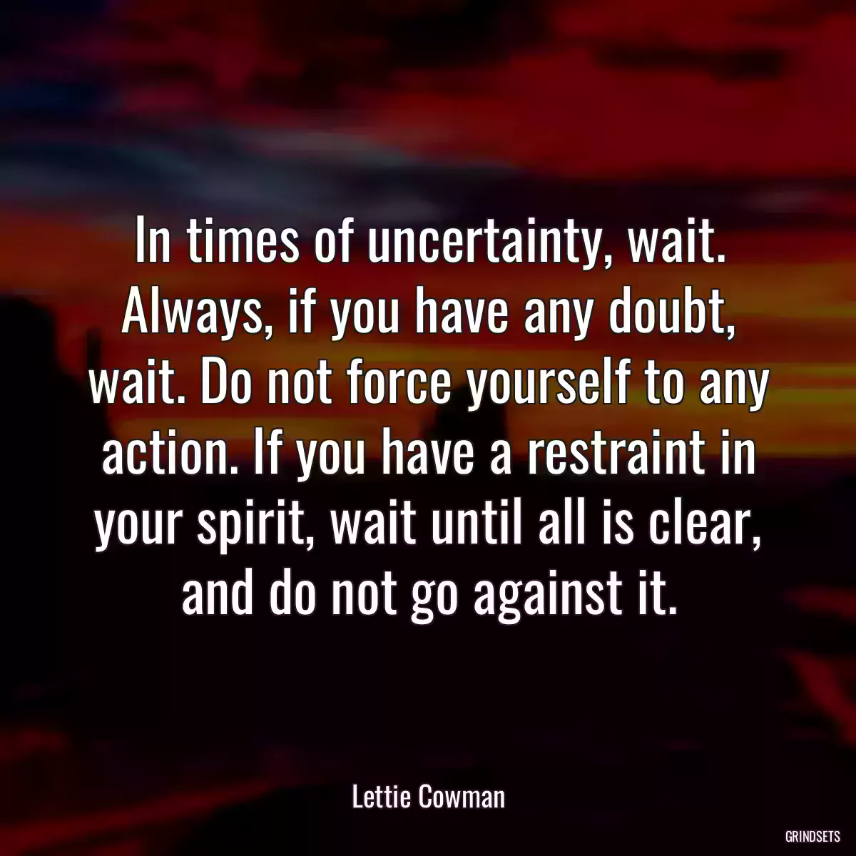 In times of uncertainty, wait. Always, if you have any doubt, wait. Do not force yourself to any action. If you have a restraint in your spirit, wait until all is clear, and do not go against it.