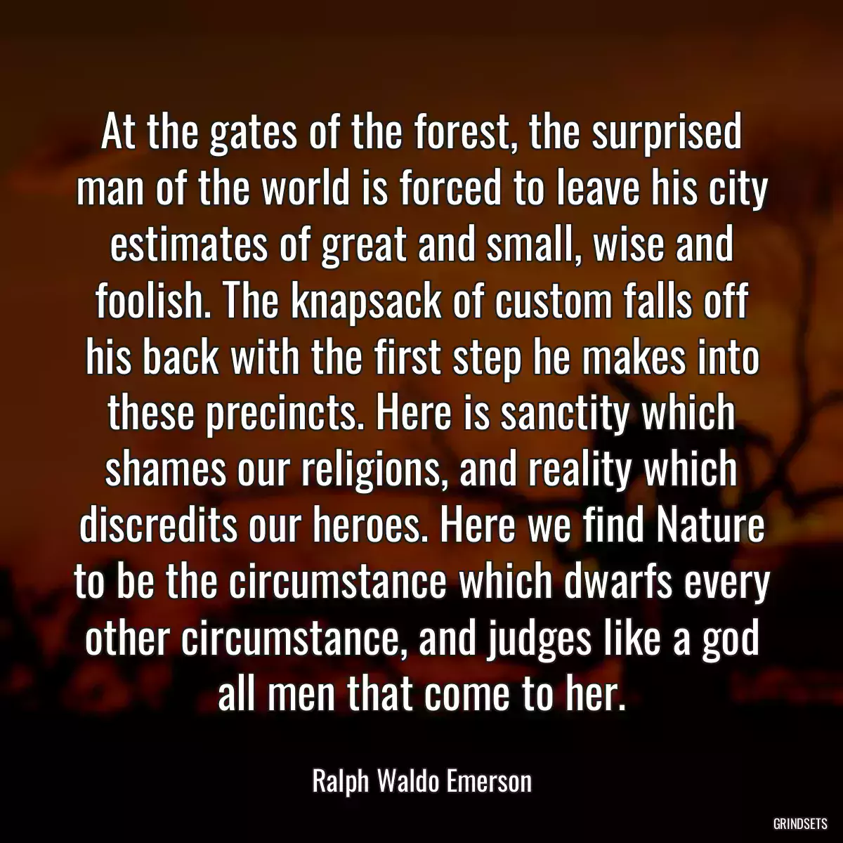 At the gates of the forest, the surprised man of the world is forced to leave his city estimates of great and small, wise and foolish. The knapsack of custom falls off his back with the first step he makes into these precincts. Here is sanctity which shames our religions, and reality which discredits our heroes. Here we find Nature to be the circumstance which dwarfs every other circumstance, and judges like a god all men that come to her.