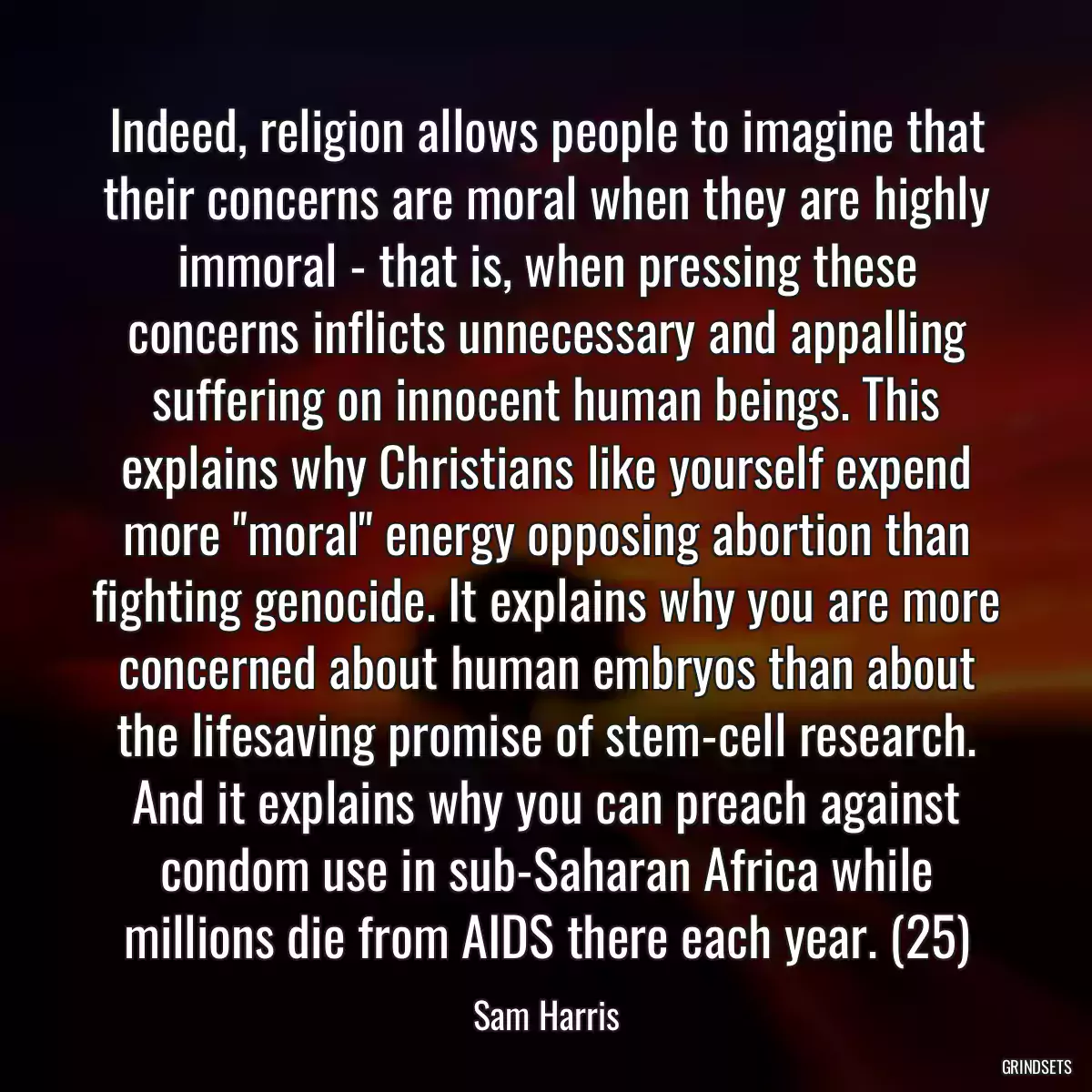 Indeed, religion allows people to imagine that their concerns are moral when they are highly immoral - that is, when pressing these concerns inflicts unnecessary and appalling suffering on innocent human beings. This explains why Christians like yourself expend more \