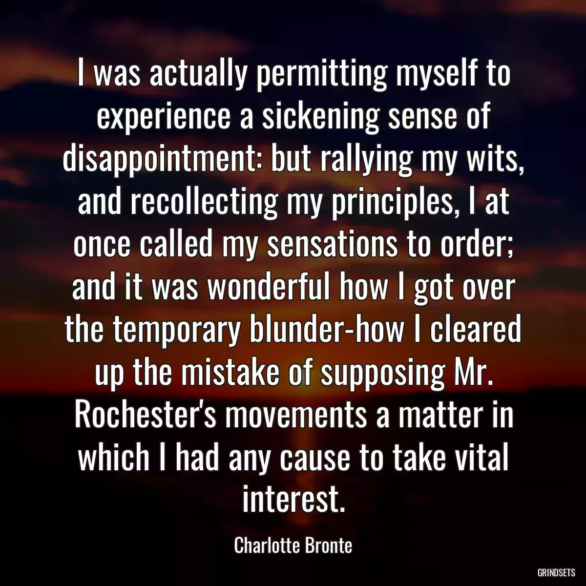 I was actually permitting myself to experience a sickening sense of disappointment: but rallying my wits, and recollecting my principles, I at once called my sensations to order; and it was wonderful how I got over the temporary blunder-how I cleared up the mistake of supposing Mr. Rochester\'s movements a matter in which I had any cause to take vital interest.