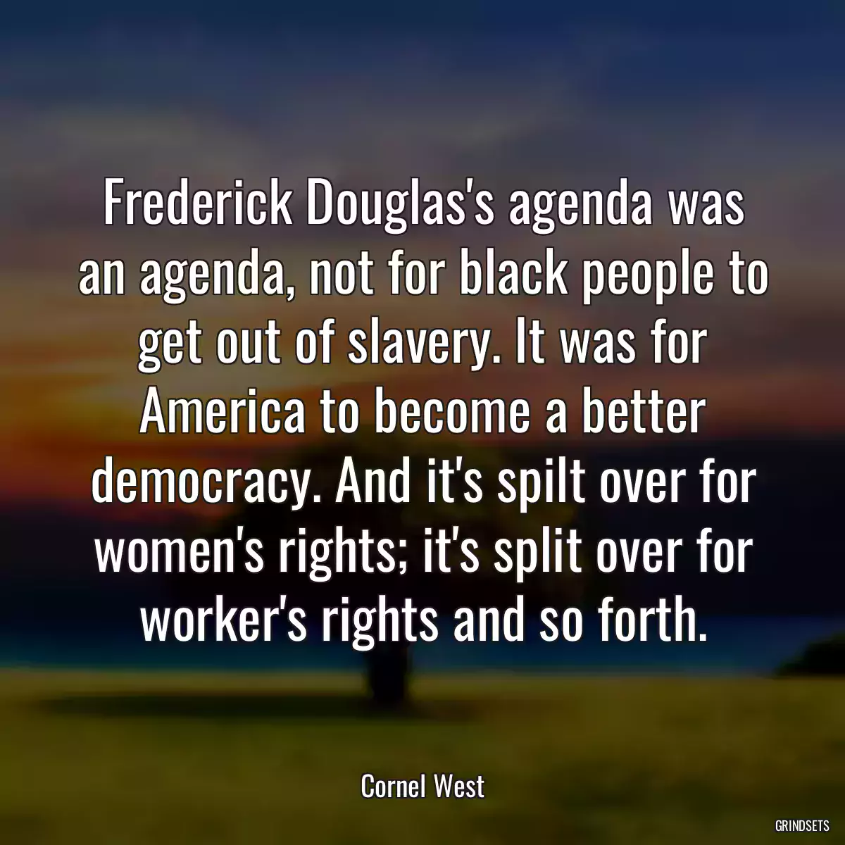 Frederick Douglas\'s agenda was an agenda, not for black people to get out of slavery. It was for America to become a better democracy. And it\'s spilt over for women\'s rights; it\'s split over for worker\'s rights and so forth.