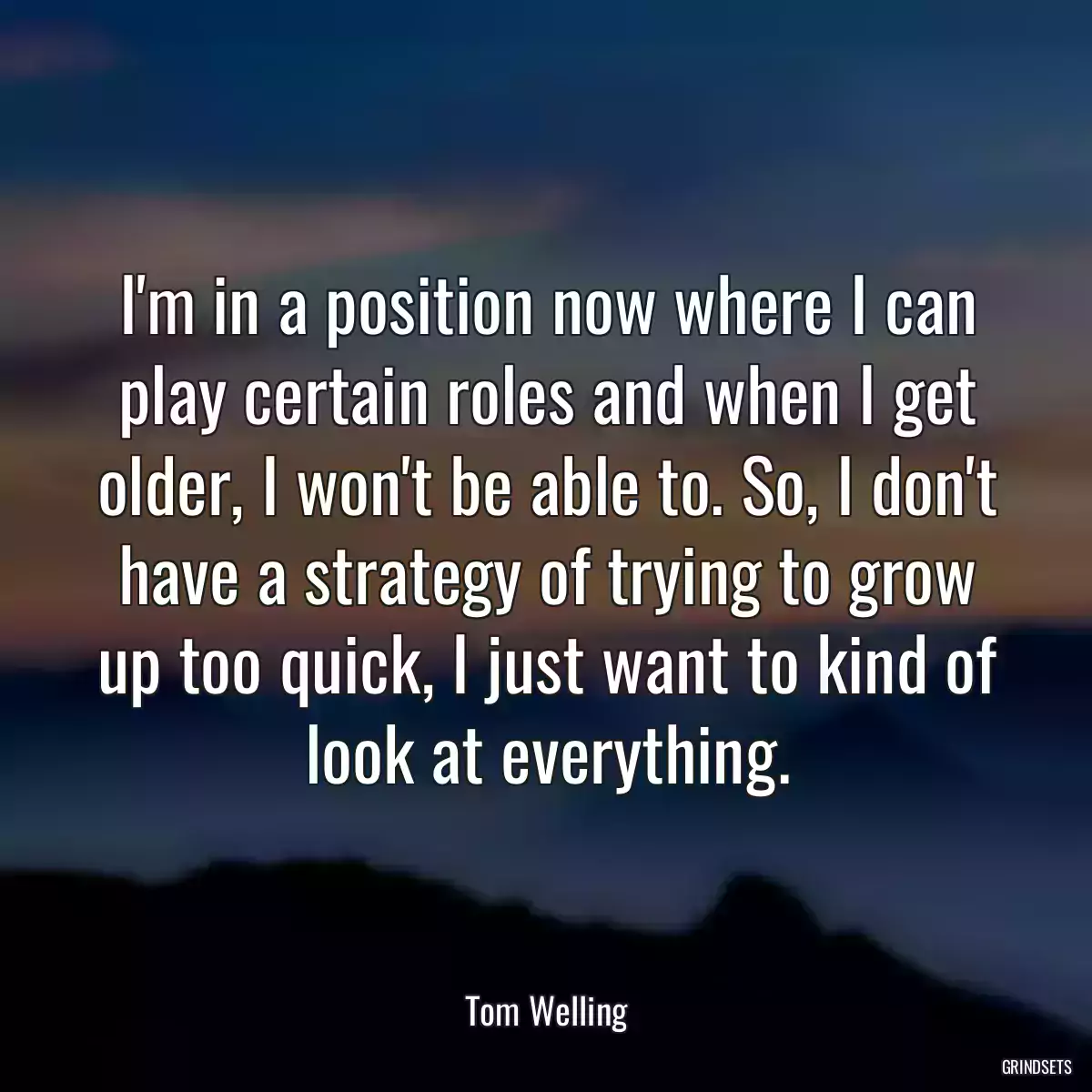 I\'m in a position now where I can play certain roles and when I get older, I won\'t be able to. So, I don\'t have a strategy of trying to grow up too quick, I just want to kind of look at everything.