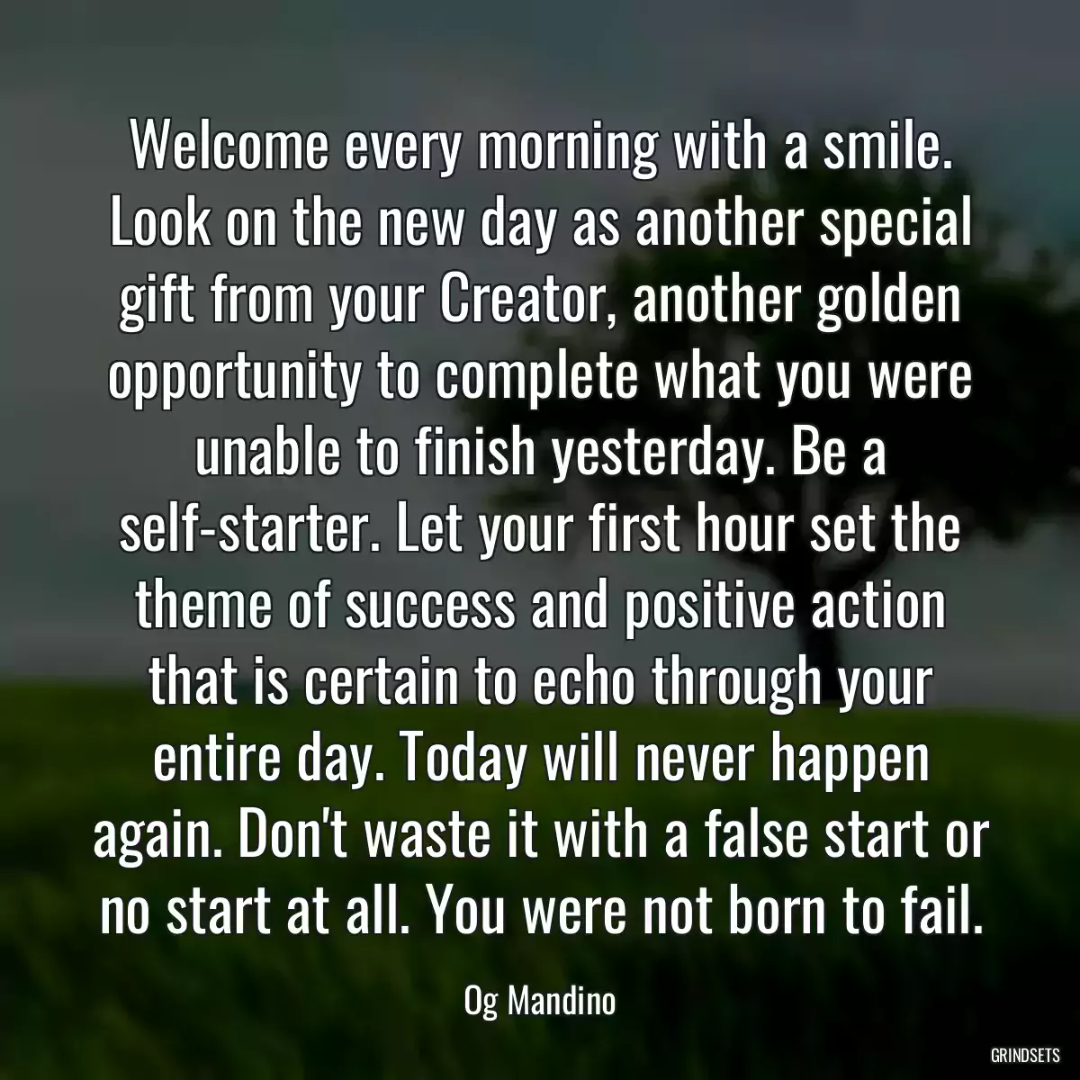 Welcome every morning with a smile. Look on the new day as another special gift from your Creator, another golden opportunity to complete what you were unable to finish yesterday. Be a self-starter. Let your first hour set the theme of success and positive action that is certain to echo through your entire day. Today will never happen again. Don\'t waste it with a false start or no start at all. You were not born to fail.