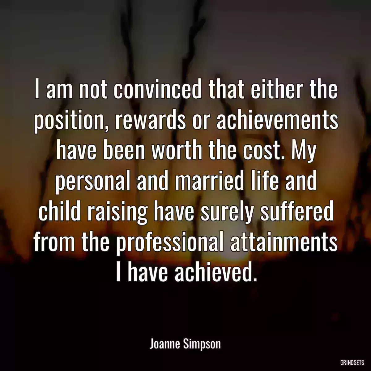 I am not convinced that either the position, rewards or achievements have been worth the cost. My personal and married life and child raising have surely suffered from the professional attainments I have achieved.