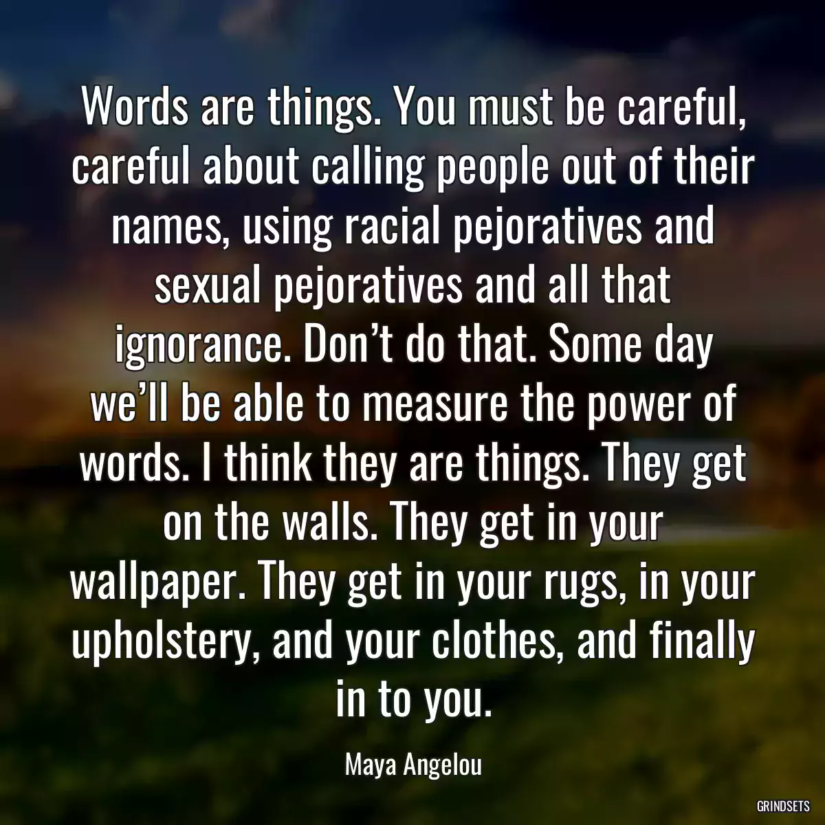 Words are things. You must be careful, careful about calling people out of their names, using racial pejoratives and sexual pejoratives and all that ignorance. Don’t do that. Some day we’ll be able to measure the power of words. I think they are things. They get on the walls. They get in your wallpaper. They get in your rugs, in your upholstery, and your clothes, and finally in to you.