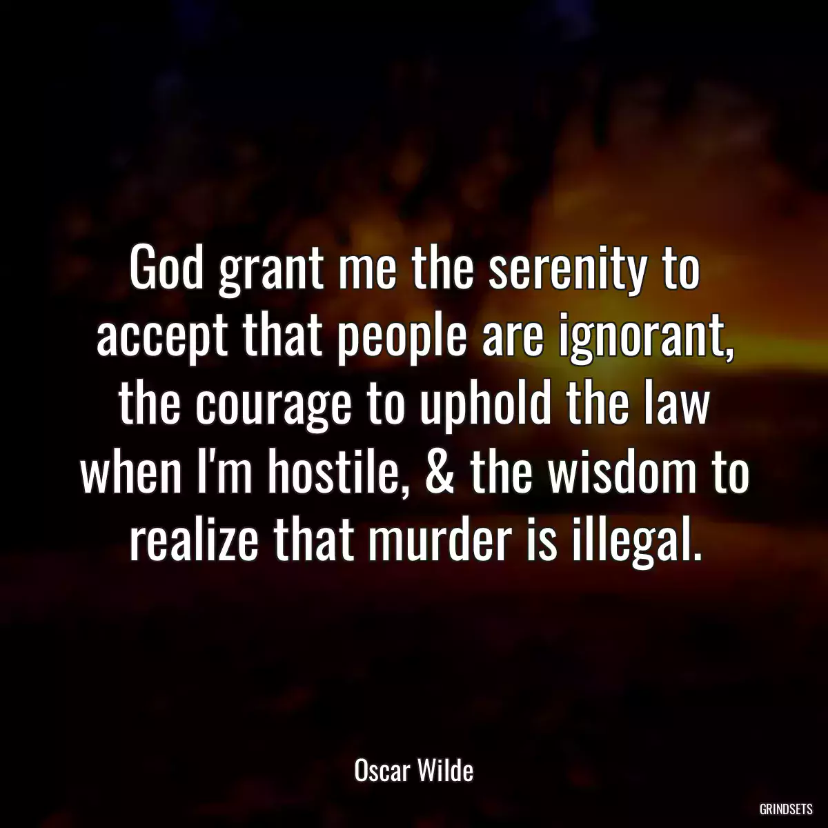 God grant me the serenity to accept that people are ignorant, the courage to uphold the law when I\'m hostile, & the wisdom to realize that murder is illegal.