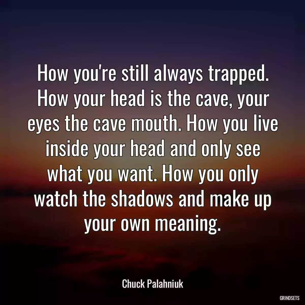 How you\'re still always trapped. How your head is the cave, your eyes the cave mouth. How you live inside your head and only see what you want. How you only watch the shadows and make up your own meaning.