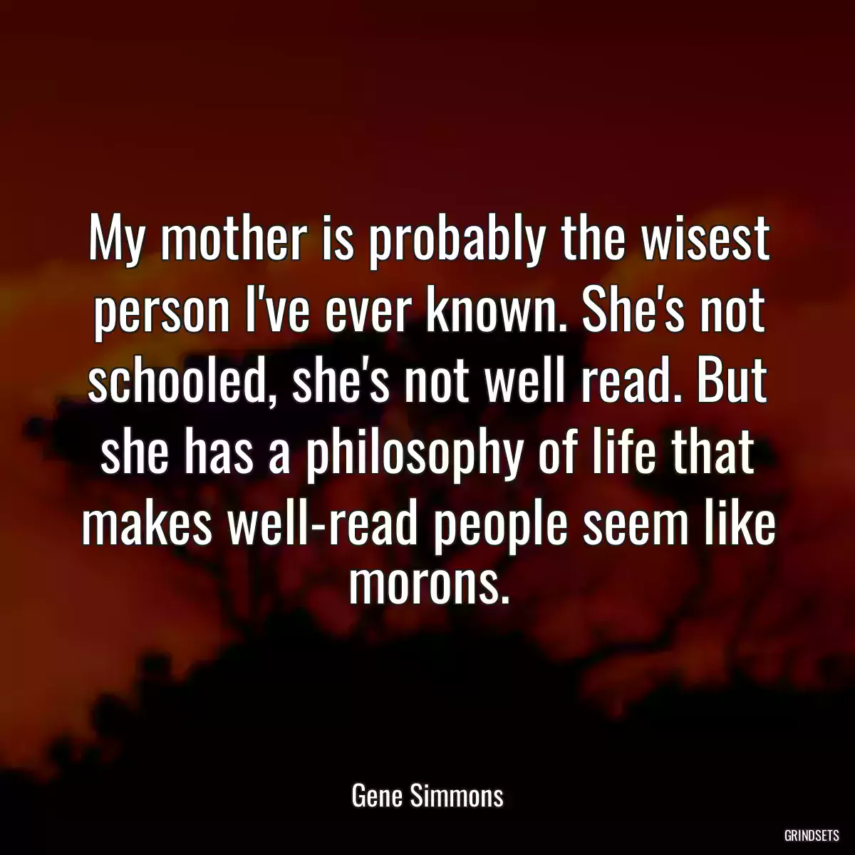 My mother is probably the wisest person I\'ve ever known. She\'s not schooled, she\'s not well read. But she has a philosophy of life that makes well-read people seem like morons.