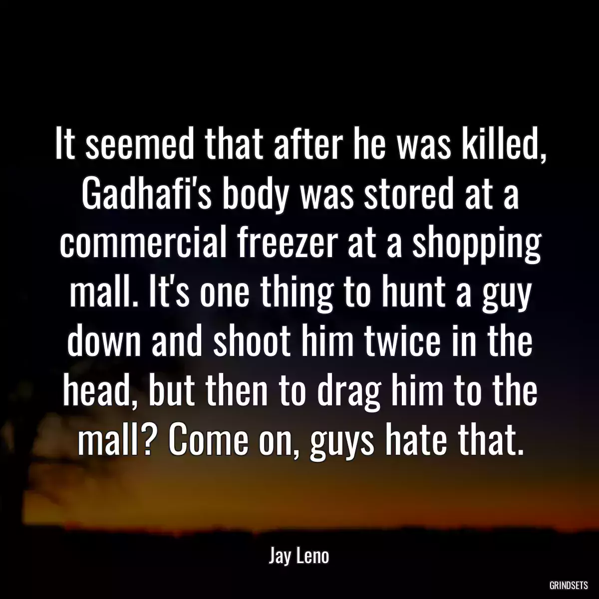 It seemed that after he was killed, Gadhafi\'s body was stored at a commercial freezer at a shopping mall. It\'s one thing to hunt a guy down and shoot him twice in the head, but then to drag him to the mall? Come on, guys hate that.