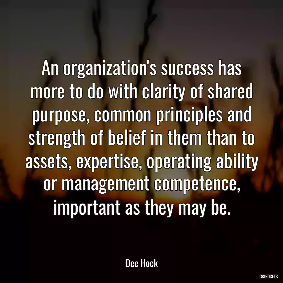 An organization\'s success has more to do with clarity of shared purpose, common principles and strength of belief in them than to assets, expertise, operating ability or management competence, important as they may be.