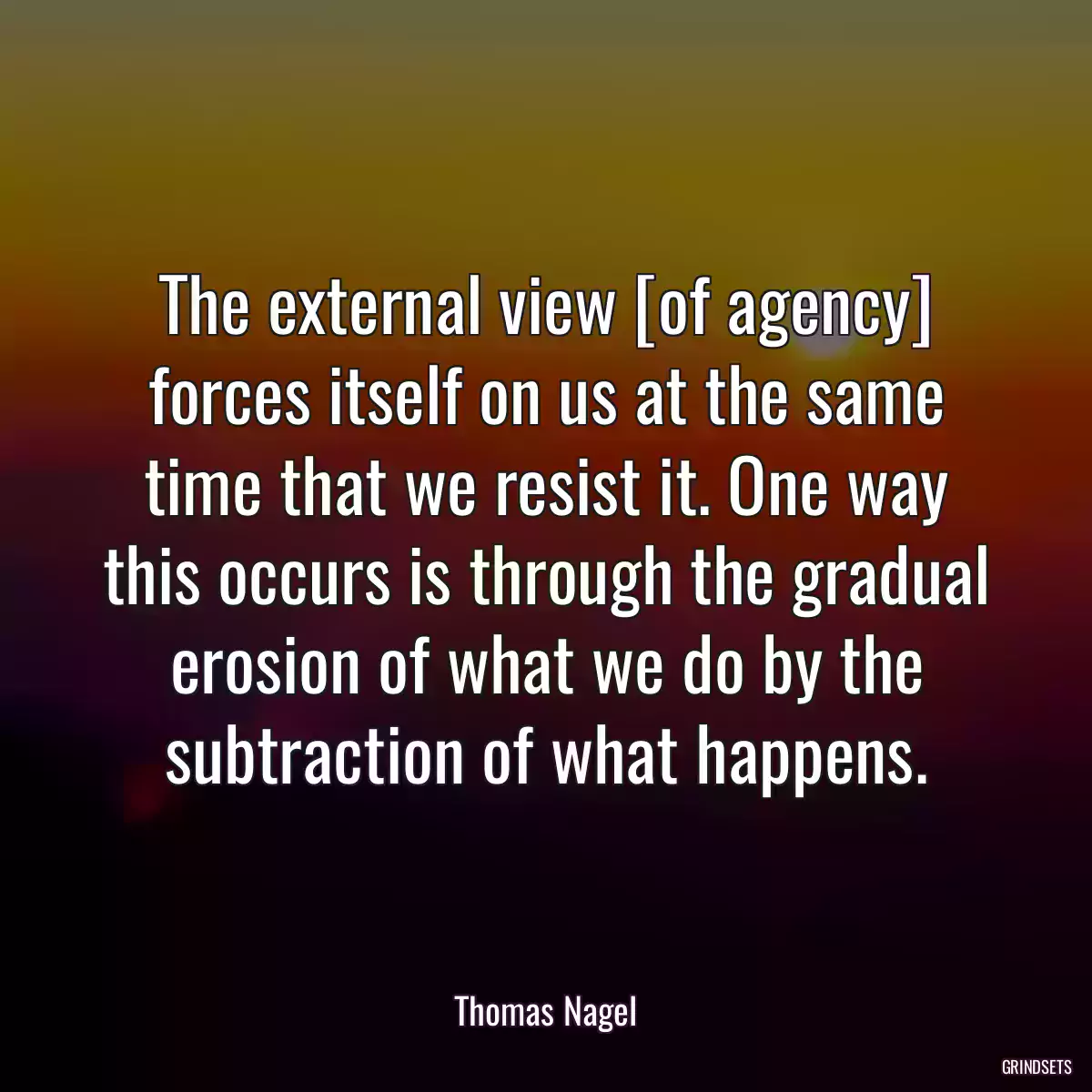 The external view [of agency] forces itself on us at the same time that we resist it. One way this occurs is through the gradual erosion of what we do by the subtraction of what happens.