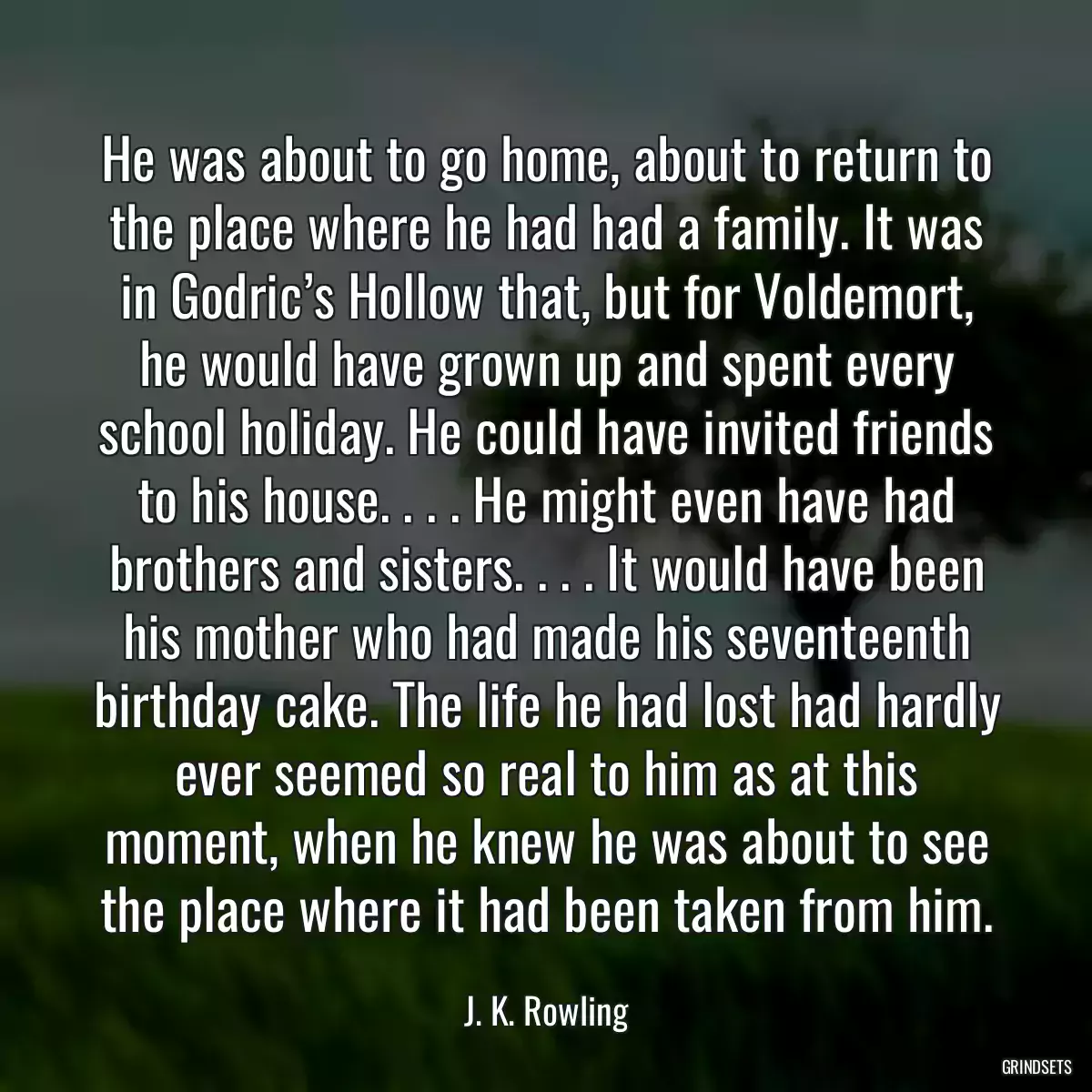 He was about to go home, about to return to the place where he had had a family. It was in Godric’s Hollow that, but for Voldemort, he would have grown up and spent every school holiday. He could have invited friends to his house. . . . He might even have had brothers and sisters. . . . It would have been his mother who had made his seventeenth birthday cake. The life he had lost had hardly ever seemed so real to him as at this moment, when he knew he was about to see the place where it had been taken from him.