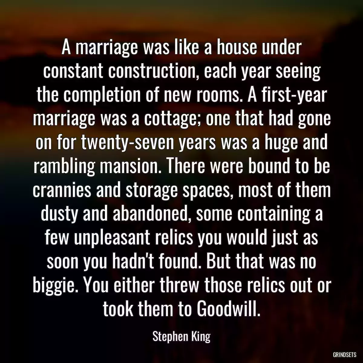 A marriage was like a house under constant construction, each year seeing the completion of new rooms. A first-year marriage was a cottage; one that had gone on for twenty-seven years was a huge and rambling mansion. There were bound to be crannies and storage spaces, most of them dusty and abandoned, some containing a few unpleasant relics you would just as soon you hadn\'t found. But that was no biggie. You either threw those relics out or took them to Goodwill.