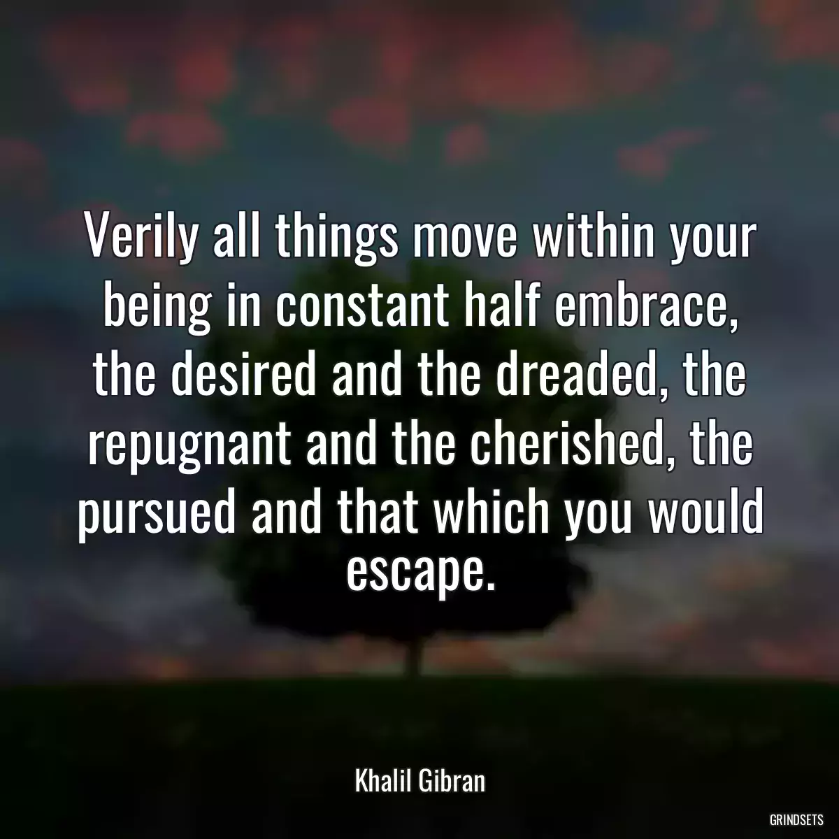 Verily all things move within your being in constant half embrace, the desired and the dreaded, the repugnant and the cherished, the pursued and that which you would escape.