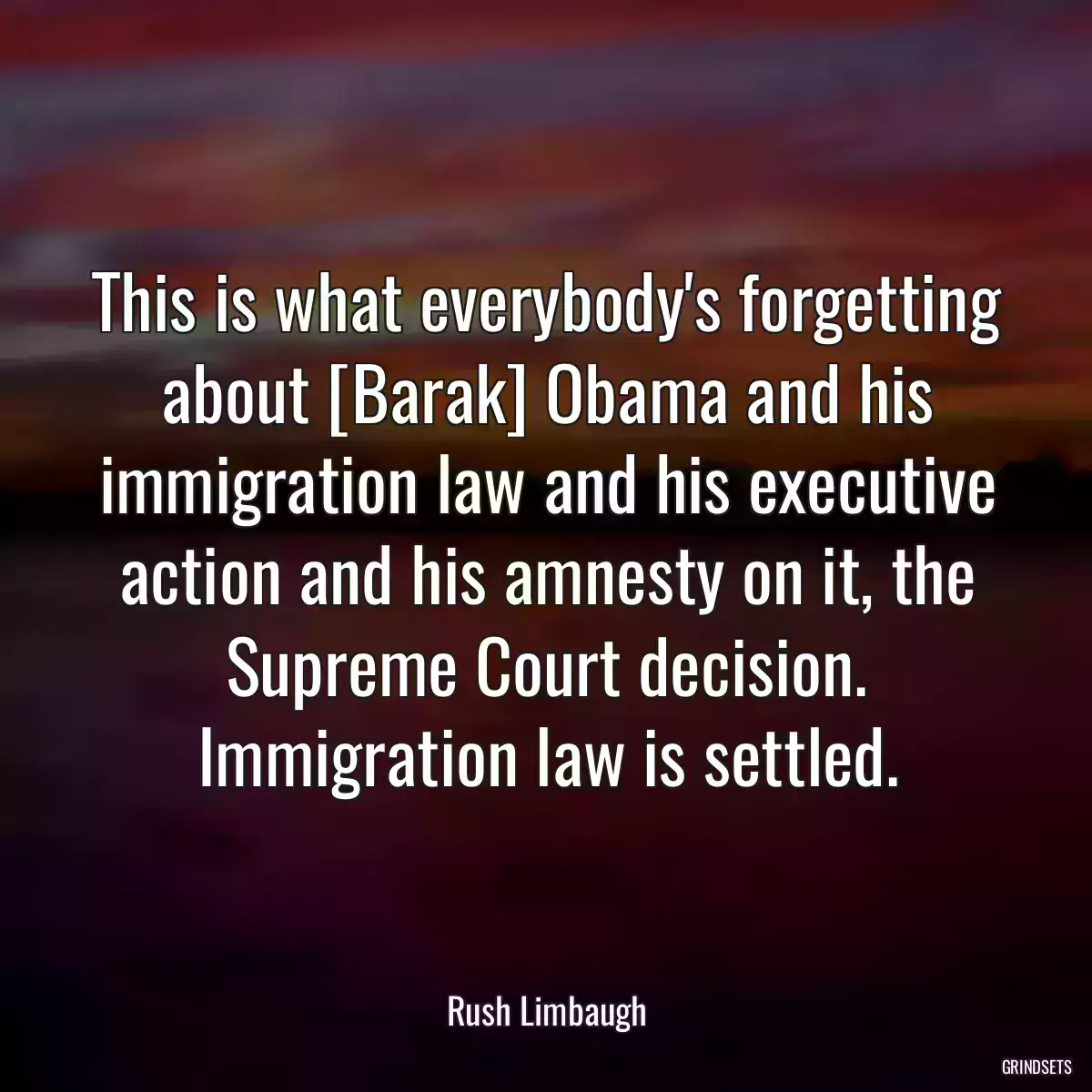 This is what everybody\'s forgetting about [Barak] Obama and his immigration law and his executive action and his amnesty on it, the Supreme Court decision. Immigration law is settled.