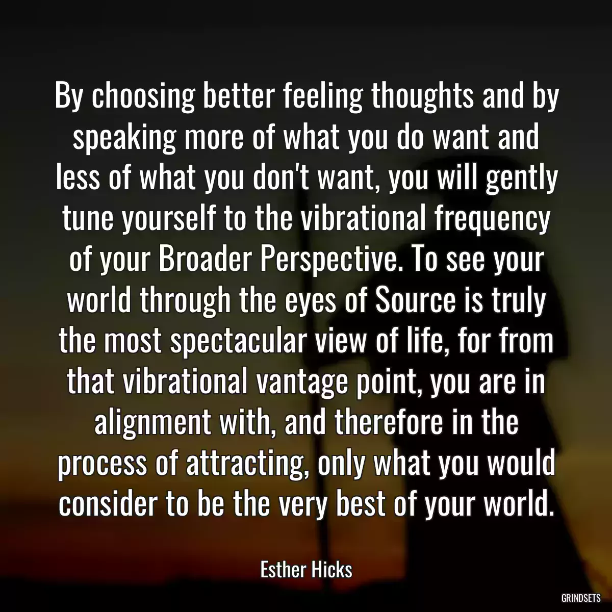By choosing better feeling thoughts and by speaking more of what you do want and less of what you don\'t want, you will gently tune yourself to the vibrational frequency of your Broader Perspective. To see your world through the eyes of Source is truly the most spectacular view of life, for from that vibrational vantage point, you are in alignment with, and therefore in the process of attracting, only what you would consider to be the very best of your world.