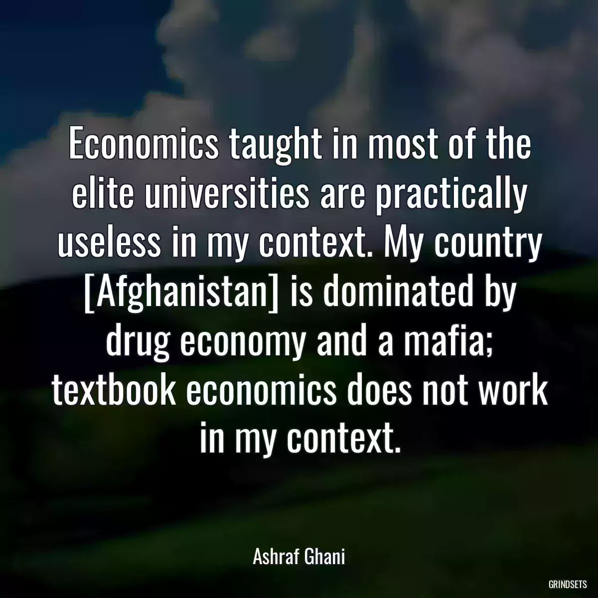 Economics taught in most of the elite universities are practically useless in my context. My country [Afghanistan] is dominated by drug economy and a mafia; textbook economics does not work in my context.