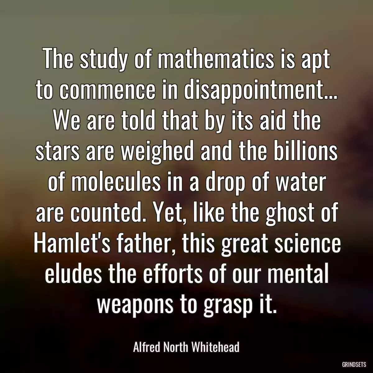 The study of mathematics is apt to commence in disappointment... We are told that by its aid the stars are weighed and the billions of molecules in a drop of water are counted. Yet, like the ghost of Hamlet\'s father, this great science eludes the efforts of our mental weapons to grasp it.