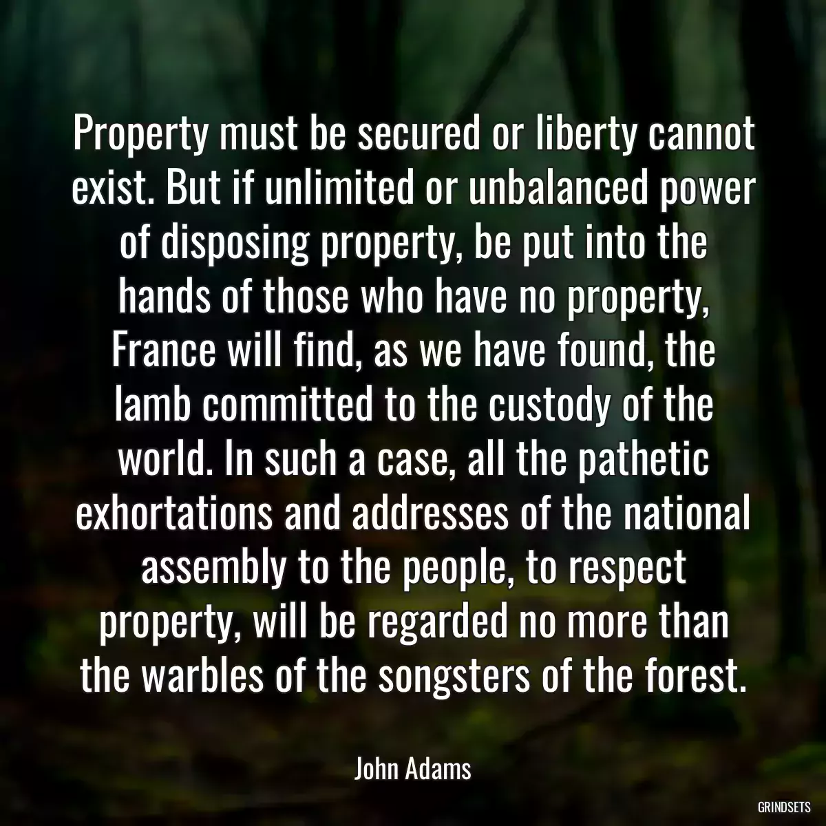 Property must be secured or liberty cannot exist. But if unlimited or unbalanced power of disposing property, be put into the hands of those who have no property, France will find, as we have found, the lamb committed to the custody of the world. In such a case, all the pathetic exhortations and addresses of the national assembly to the people, to respect property, will be regarded no more than the warbles of the songsters of the forest.