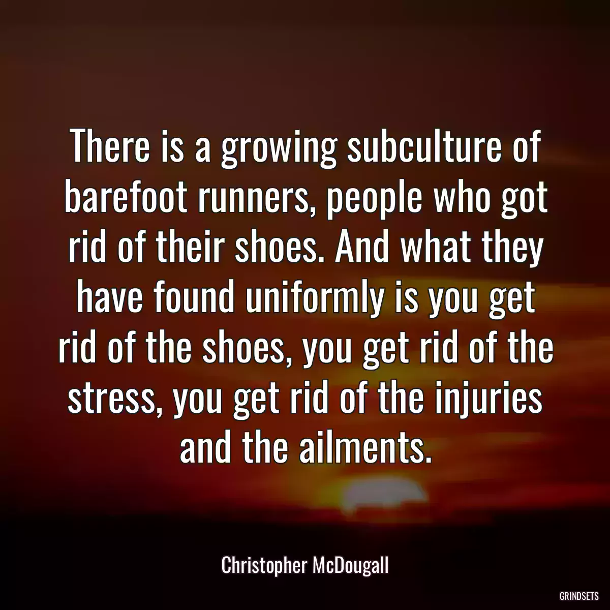 There is a growing subculture of barefoot runners, people who got rid of their shoes. And what they have found uniformly is you get rid of the shoes, you get rid of the stress, you get rid of the injuries and the ailments.