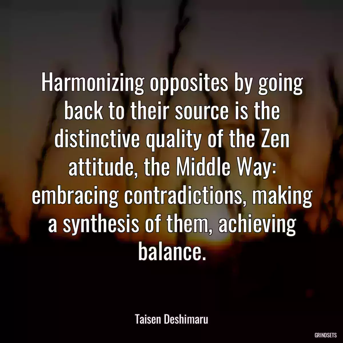 Harmonizing opposites by going back to their source is the distinctive quality of the Zen attitude, the Middle Way: embracing contradictions, making a synthesis of them, achieving balance.