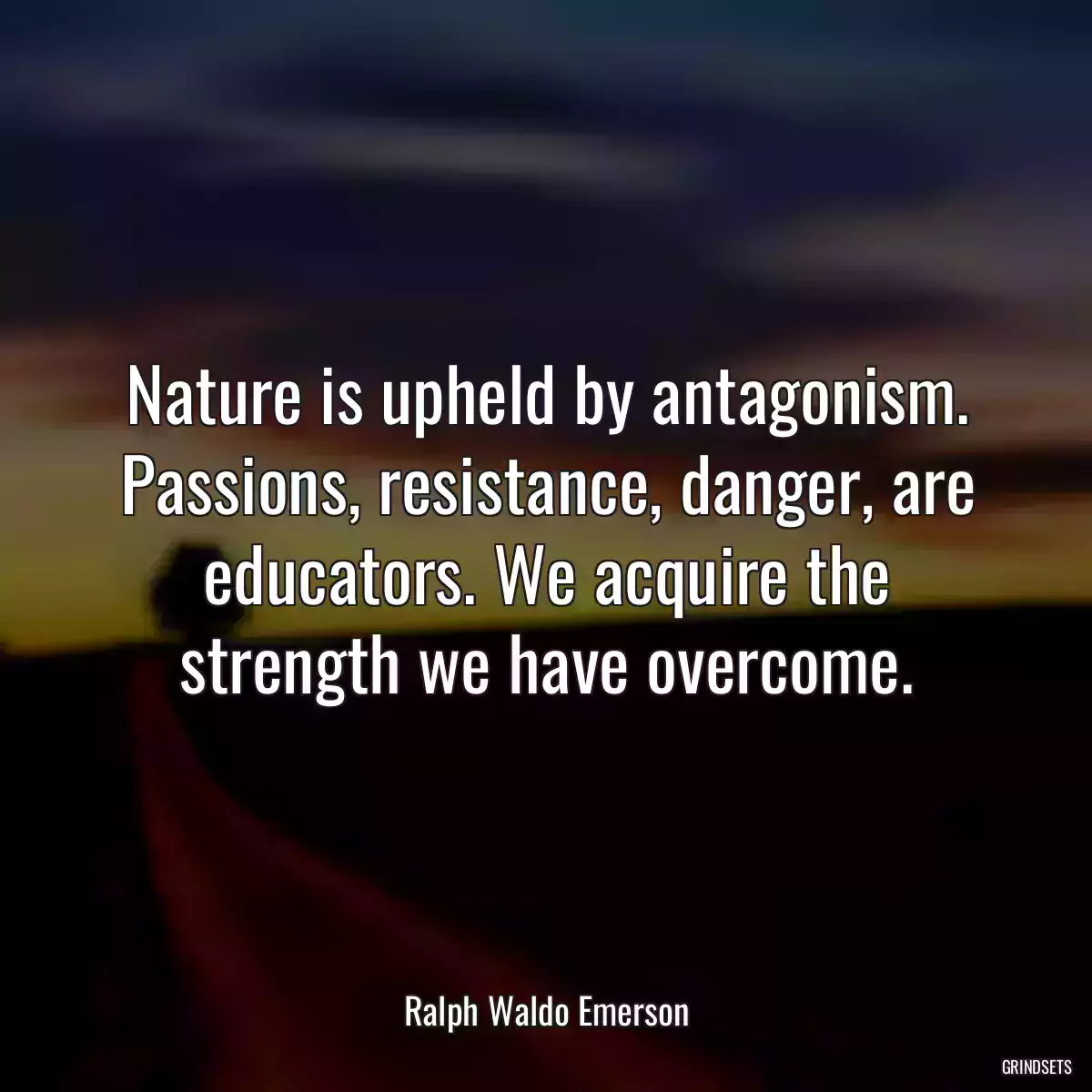 Nature is upheld by antagonism. Passions, resistance, danger, are educators. We acquire the strength we have overcome.