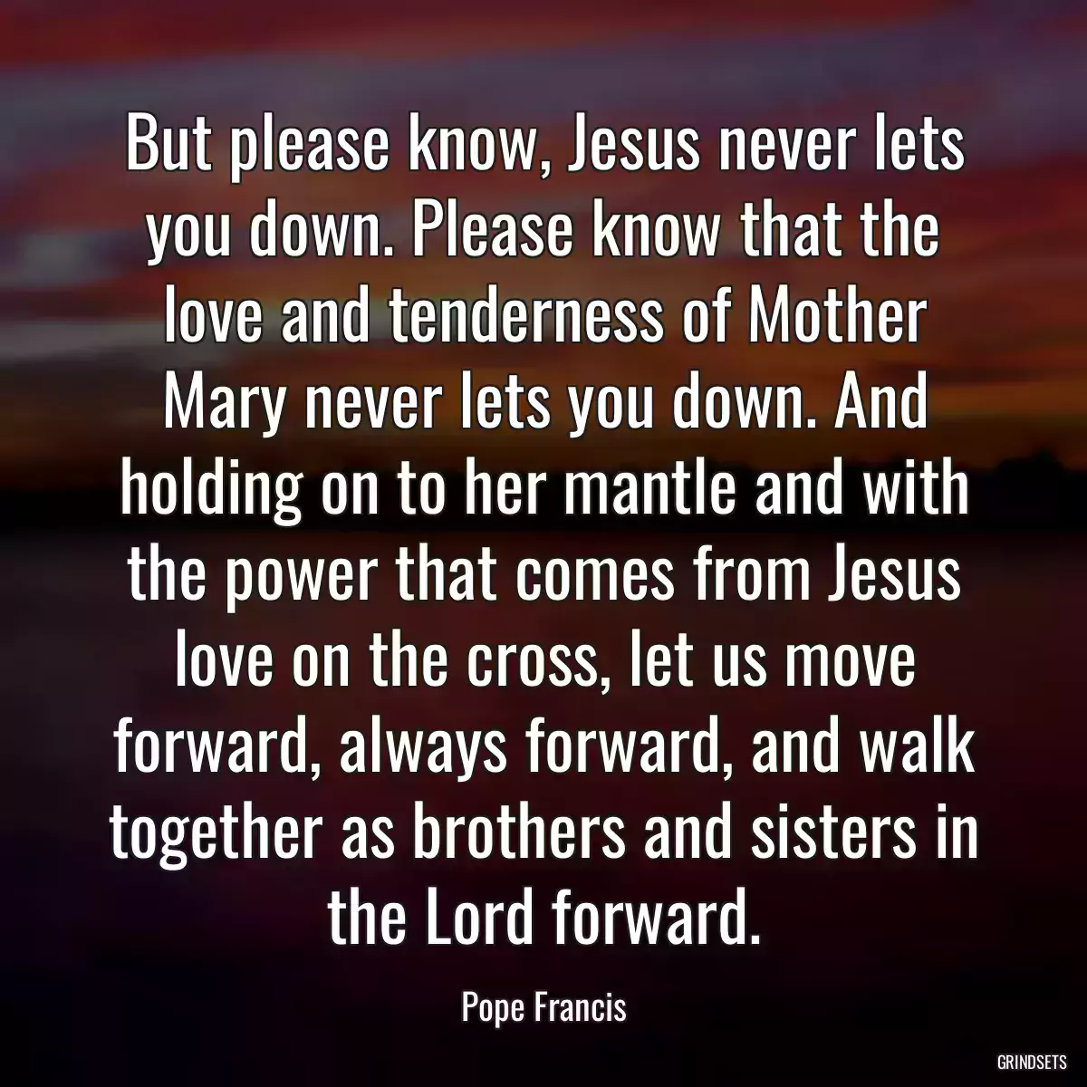 But please know, Jesus never lets you down. Please know that the love and tenderness of Mother Mary never lets you down. And holding on to her mantle and with the power that comes from Jesus love on the cross, let us move forward, always forward, and walk together as brothers and sisters in the Lord forward.