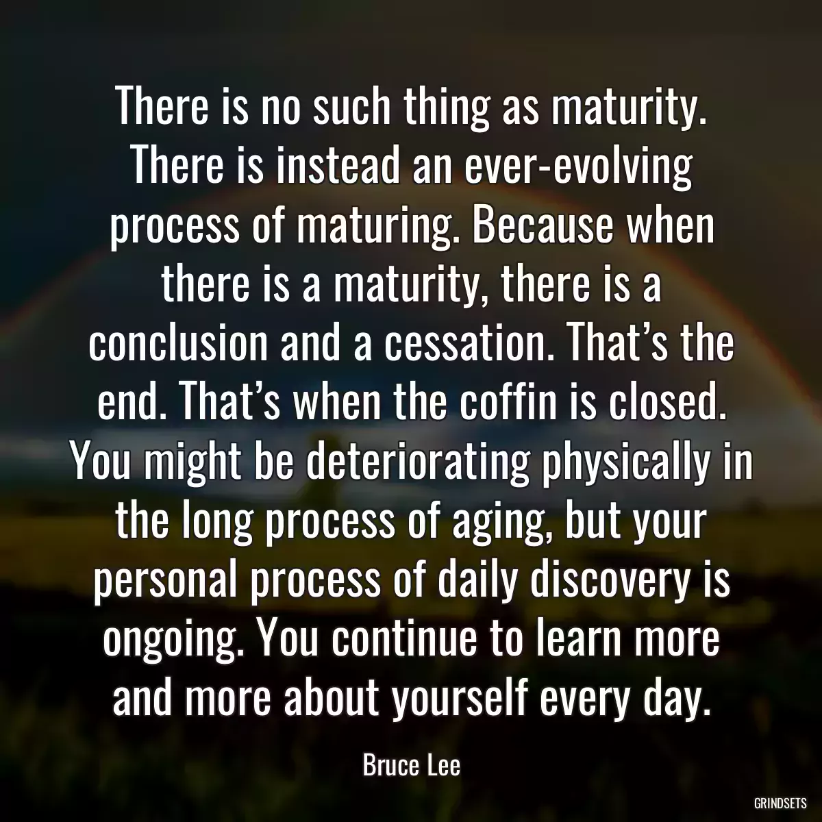There is no such thing as maturity. There is instead an ever-evolving process of maturing. Because when there is a maturity, there is a conclusion and a cessation. That’s the end. That’s when the coffin is closed. You might be deteriorating physically in the long process of aging, but your personal process of daily discovery is ongoing. You continue to learn more and more about yourself every day.