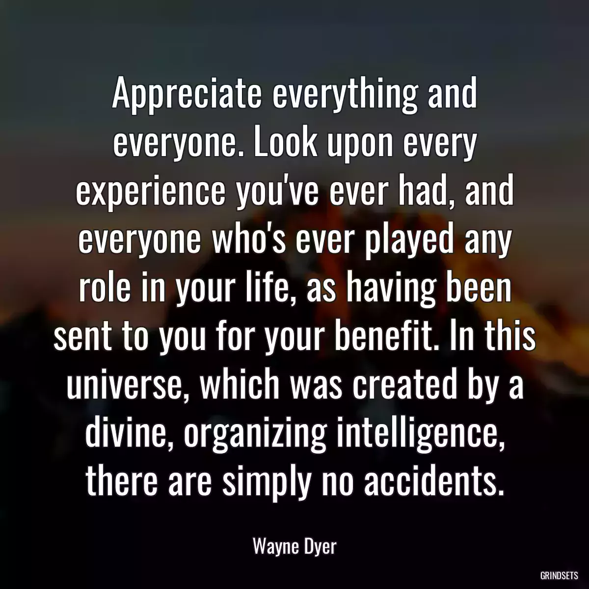 Appreciate everything and everyone. Look upon every experience you\'ve ever had, and everyone who\'s ever played any role in your life, as having been sent to you for your benefit. In this universe, which was created by a divine, organizing intelligence, there are simply no accidents.