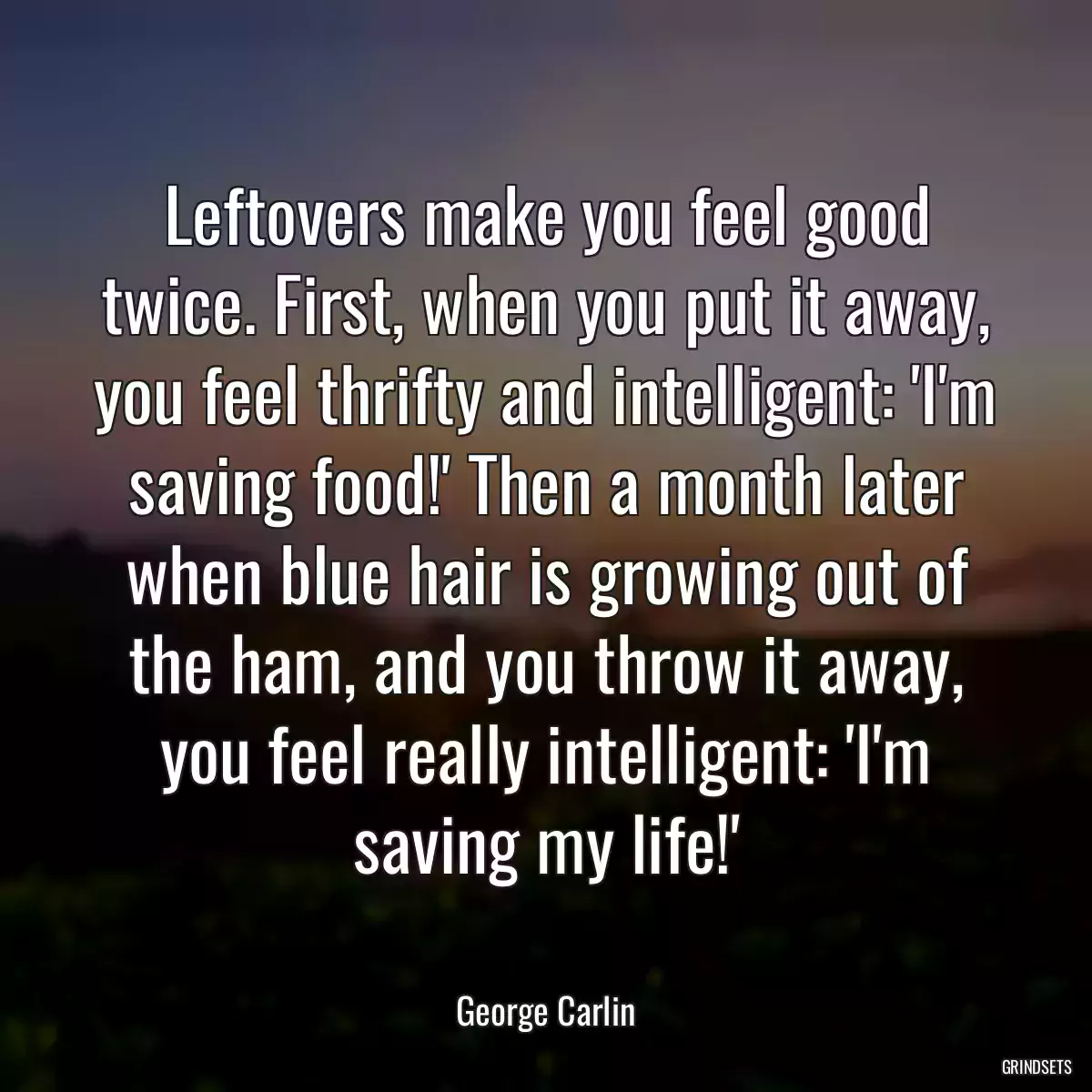 Leftovers make you feel good twice. First, when you put it away, you feel thrifty and intelligent: \'I\'m saving food!\' Then a month later when blue hair is growing out of the ham, and you throw it away, you feel really intelligent: \'I\'m saving my life!\'