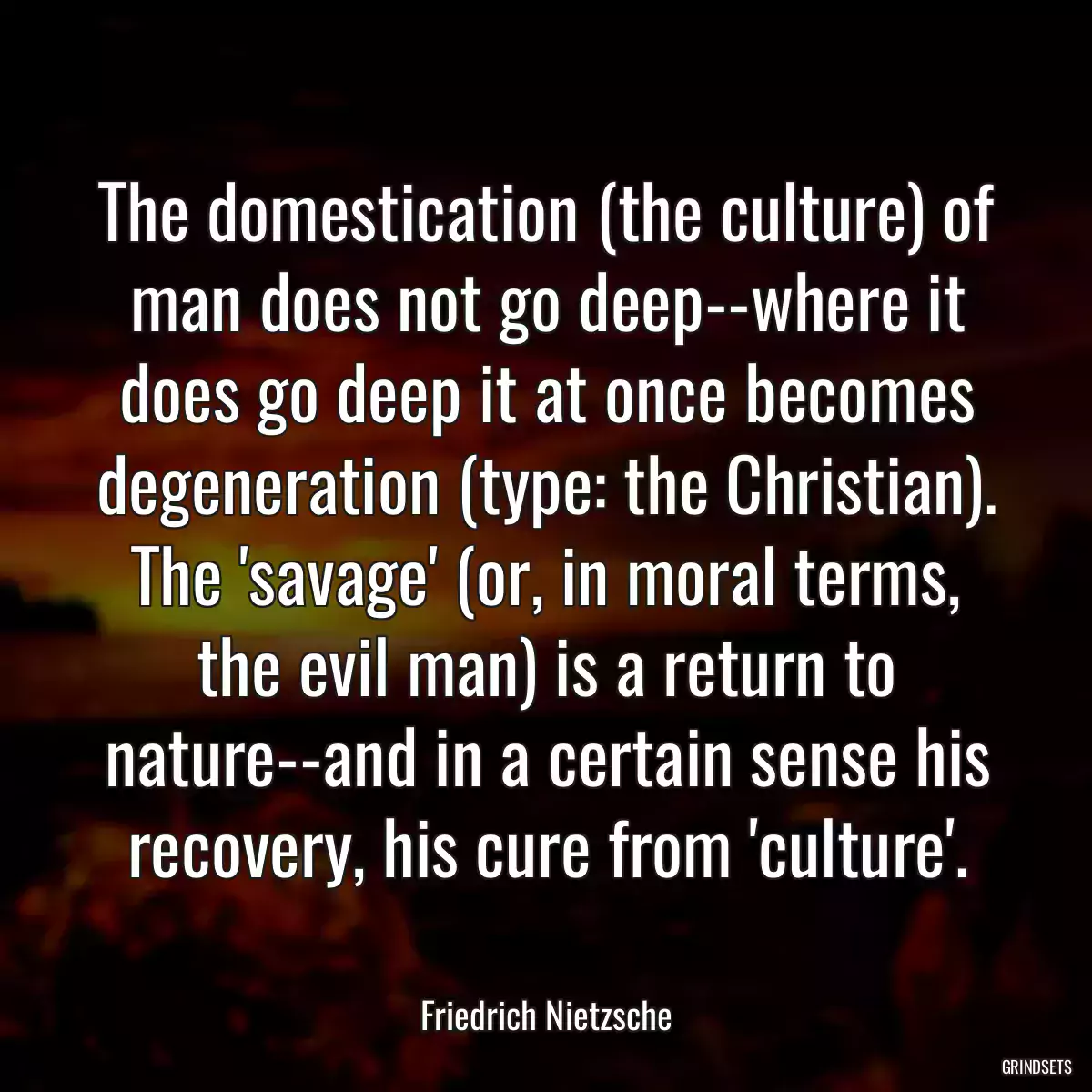 The domestication (the culture) of man does not go deep--where it does go deep it at once becomes degeneration (type: the Christian). The \'savage\' (or, in moral terms, the evil man) is a return to nature--and in a certain sense his recovery, his cure from \'culture\'.