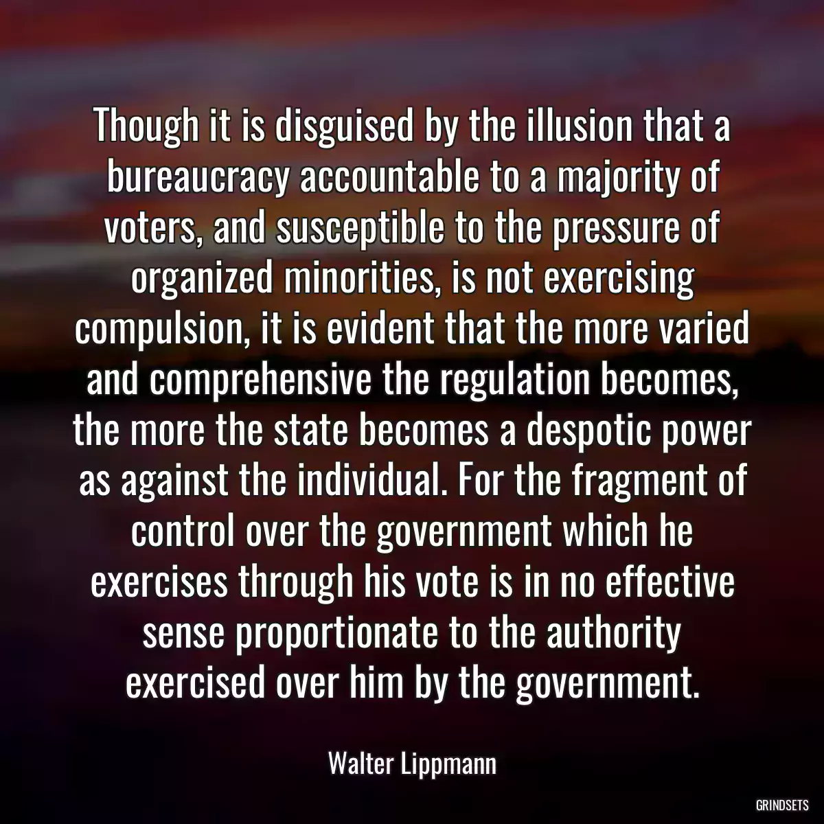 Though it is disguised by the illusion that a bureaucracy accountable to a majority of voters, and susceptible to the pressure of organized minorities, is not exercising compulsion, it is evident that the more varied and comprehensive the regulation becomes, the more the state becomes a despotic power as against the individual. For the fragment of control over the government which he exercises through his vote is in no effective sense proportionate to the authority exercised over him by the government.