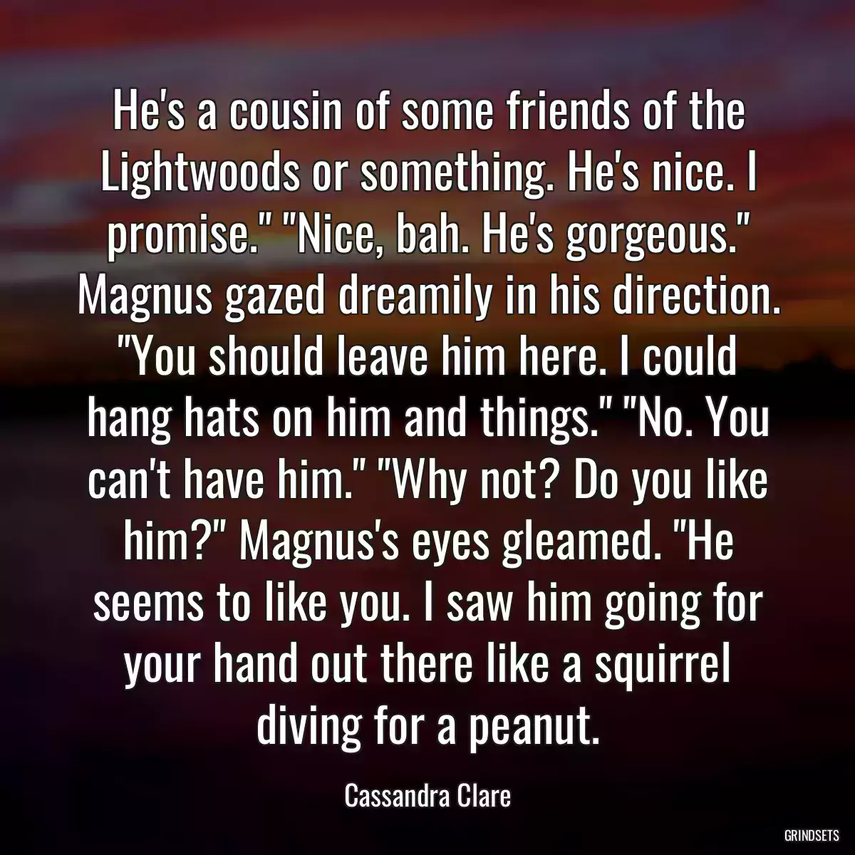 He\'s a cousin of some friends of the Lightwoods or something. He\'s nice. I promise.\