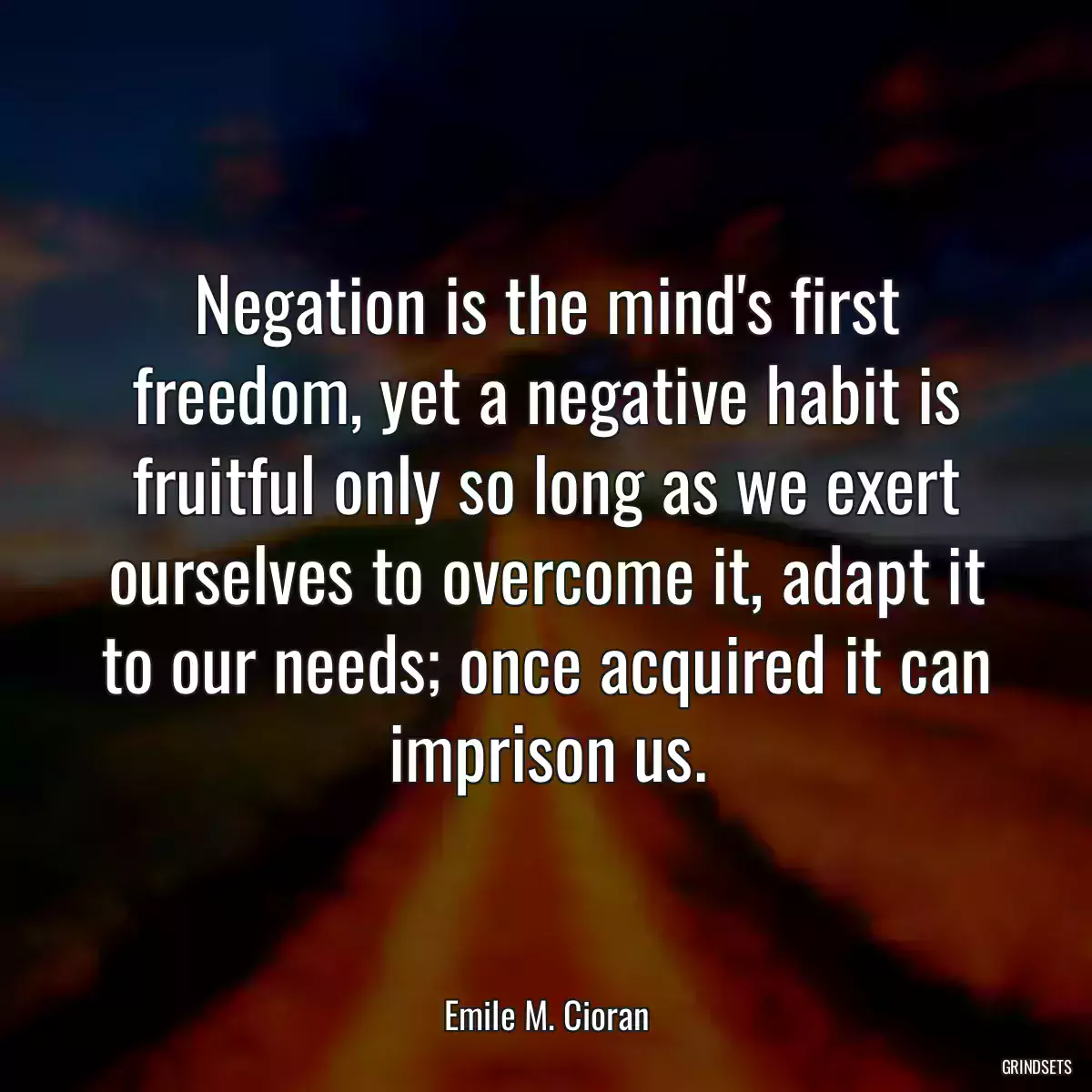 Negation is the mind\'s first freedom, yet a negative habit is fruitful only so long as we exert ourselves to overcome it, adapt it to our needs; once acquired it can imprison us.