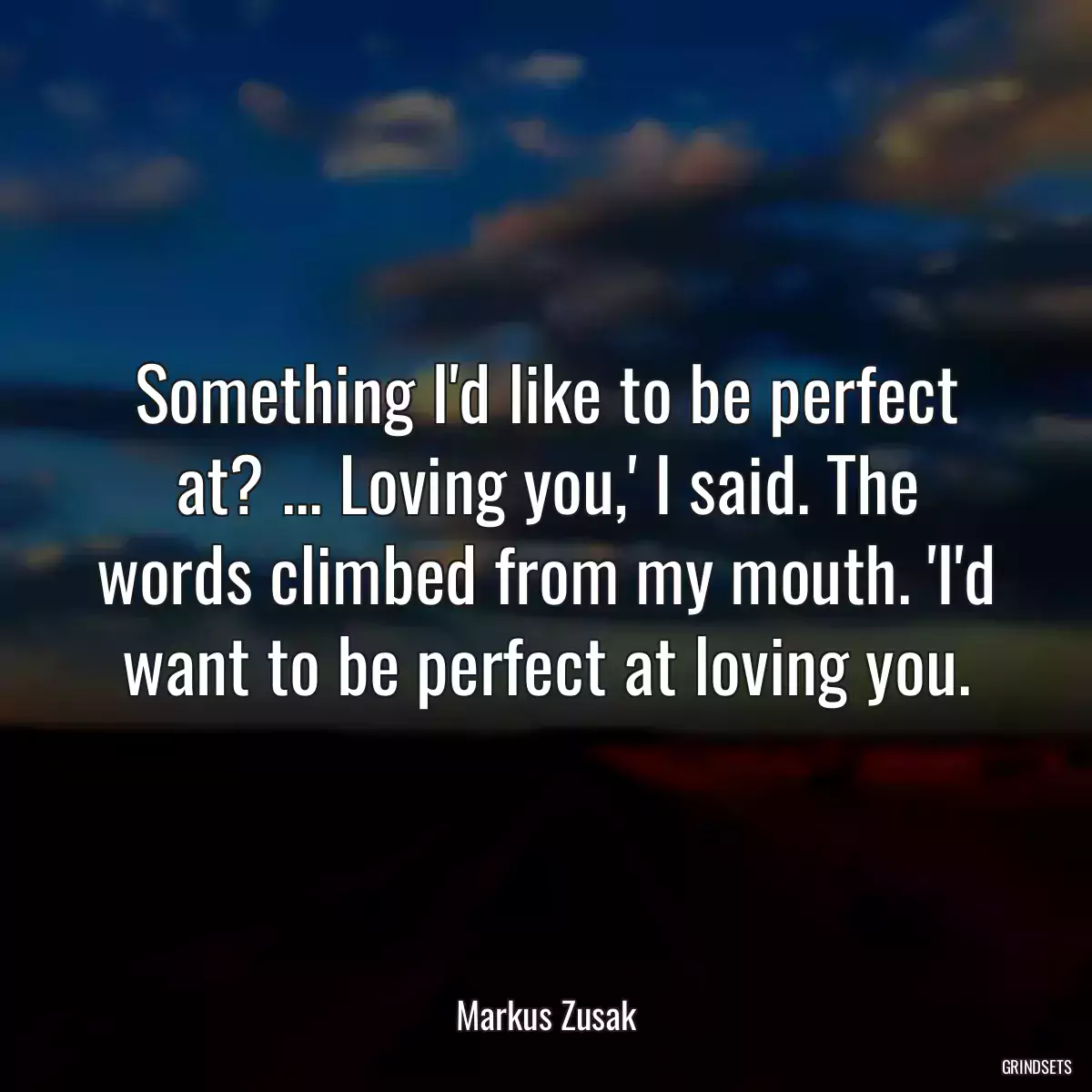 Something I\'d like to be perfect at? ... Loving you,\' I said. The words climbed from my mouth. \'I\'d want to be perfect at loving you.