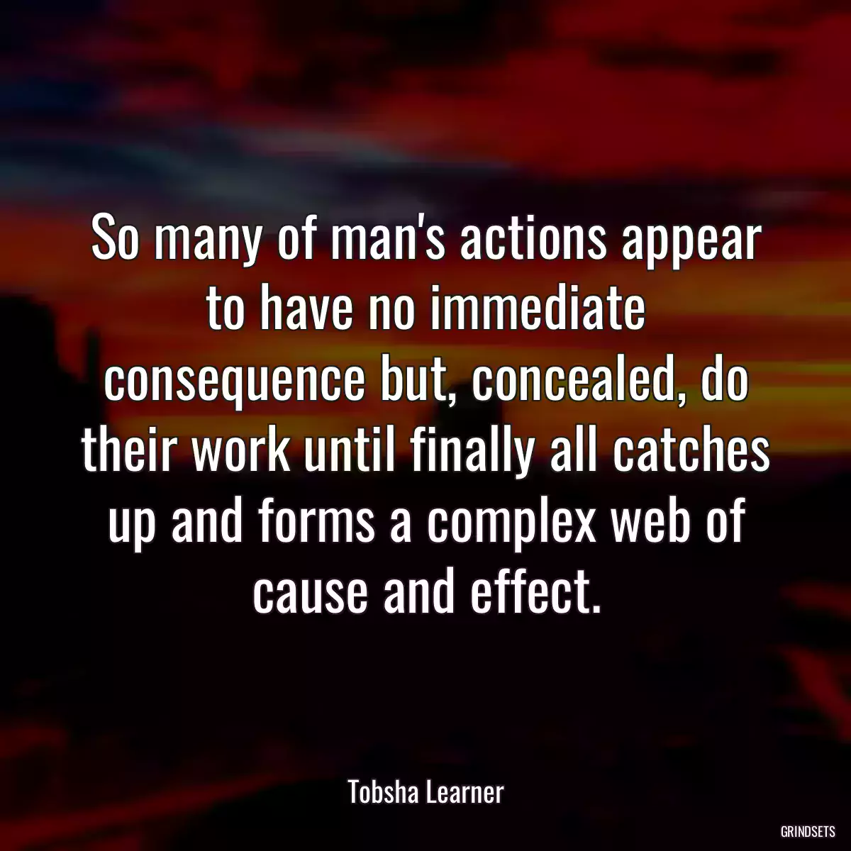 So many of man\'s actions appear to have no immediate consequence but, concealed, do their work until finally all catches up and forms a complex web of cause and effect.