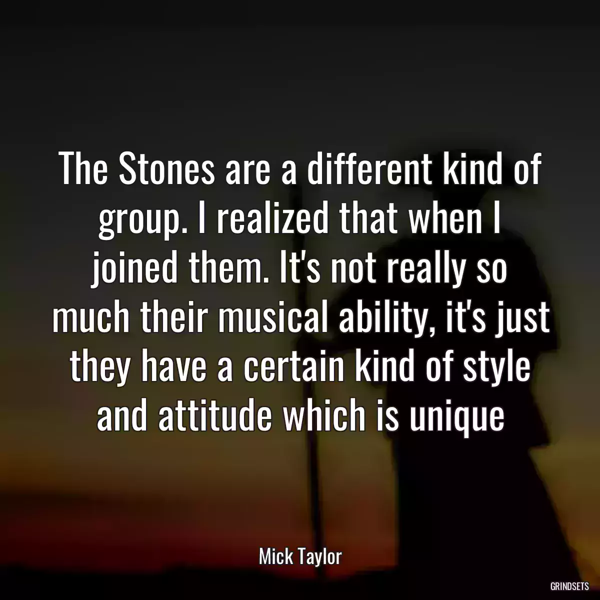 The Stones are a different kind of group. I realized that when I joined them. It\'s not really so much their musical ability, it\'s just they have a certain kind of style and attitude which is unique