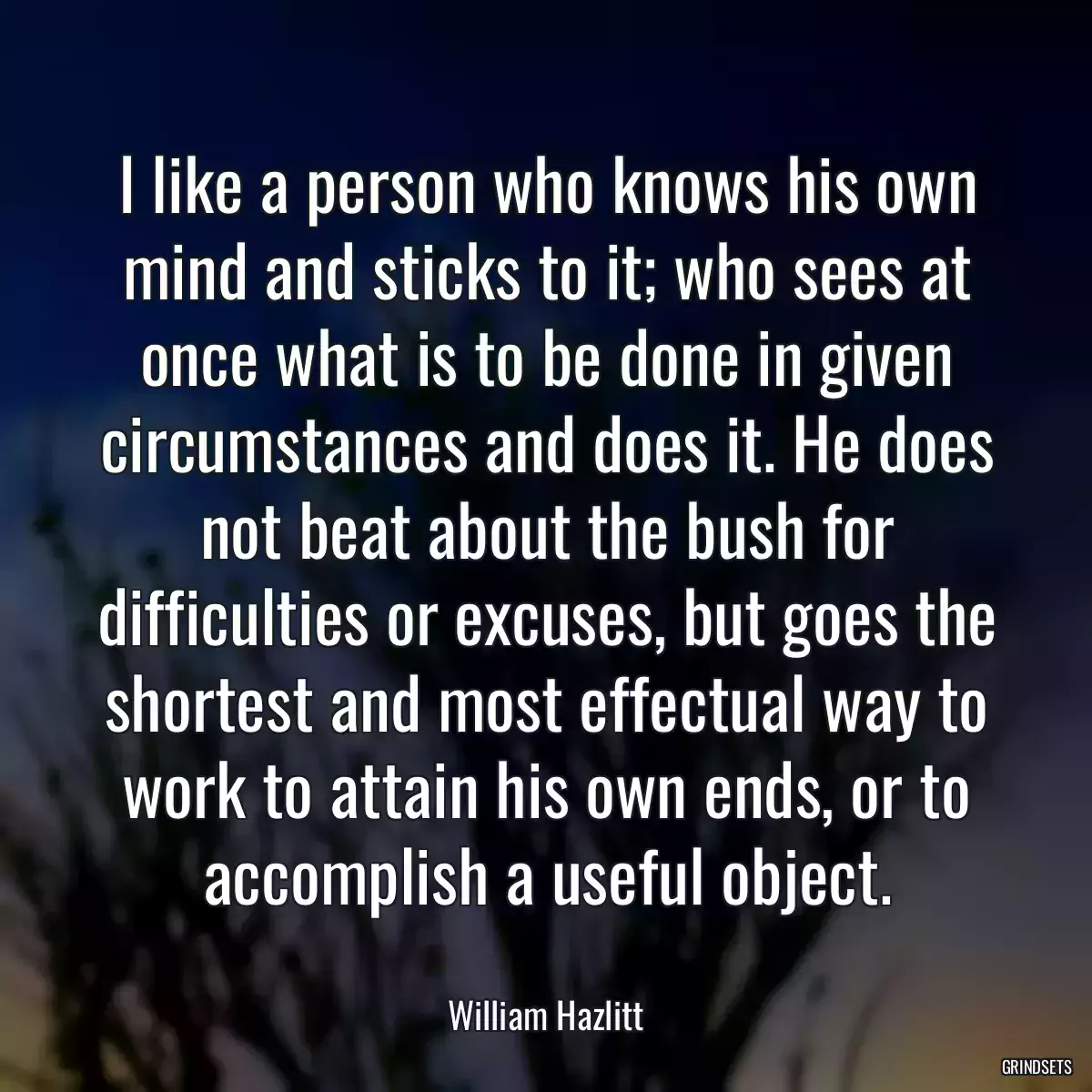 I like a person who knows his own mind and sticks to it; who sees at once what is to be done in given circumstances and does it. He does not beat about the bush for difficulties or excuses, but goes the shortest and most effectual way to work to attain his own ends, or to accomplish a useful object.