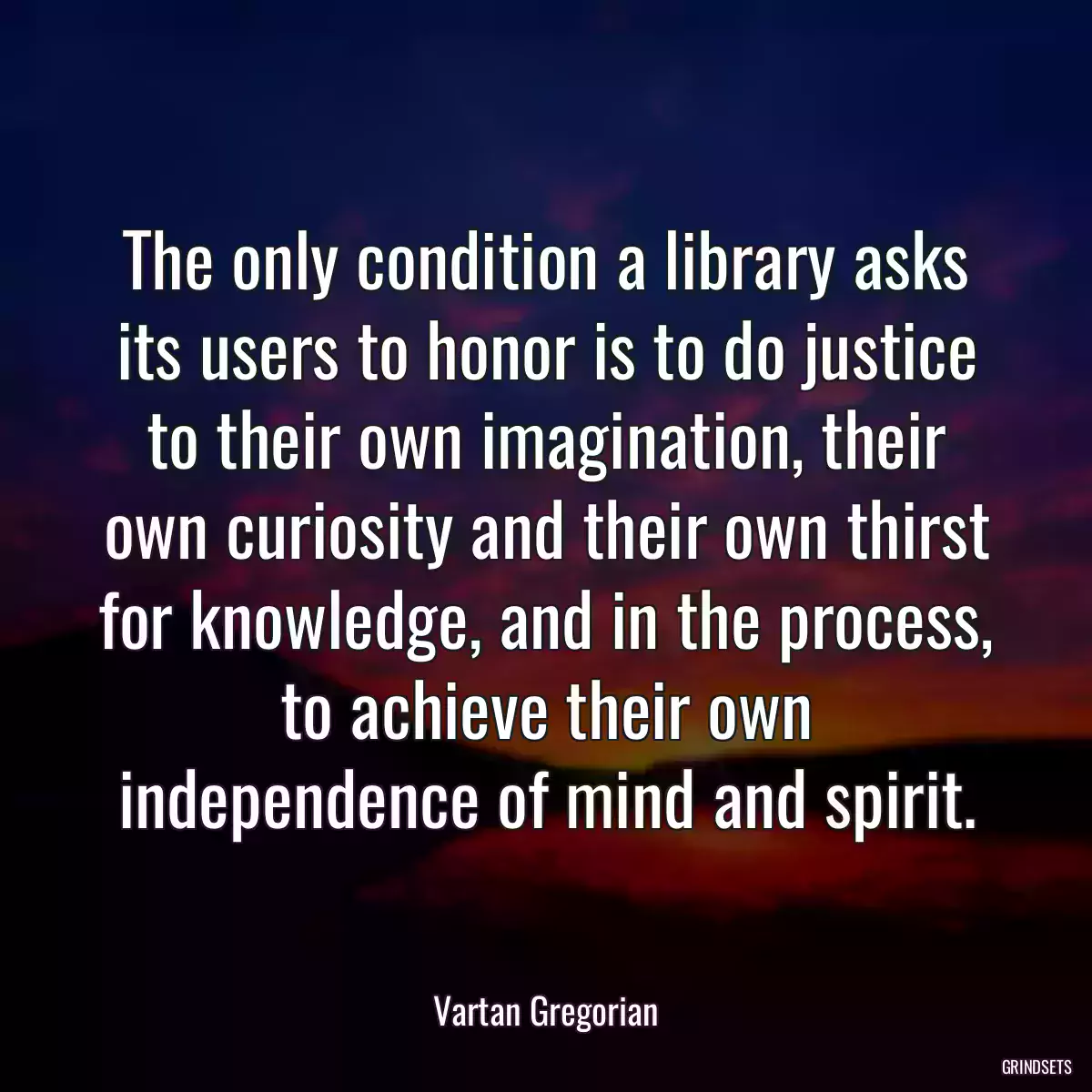 The only condition a library asks its users to honor is to do justice to their own imagination, their own curiosity and their own thirst for knowledge, and in the process, to achieve their own independence of mind and spirit.