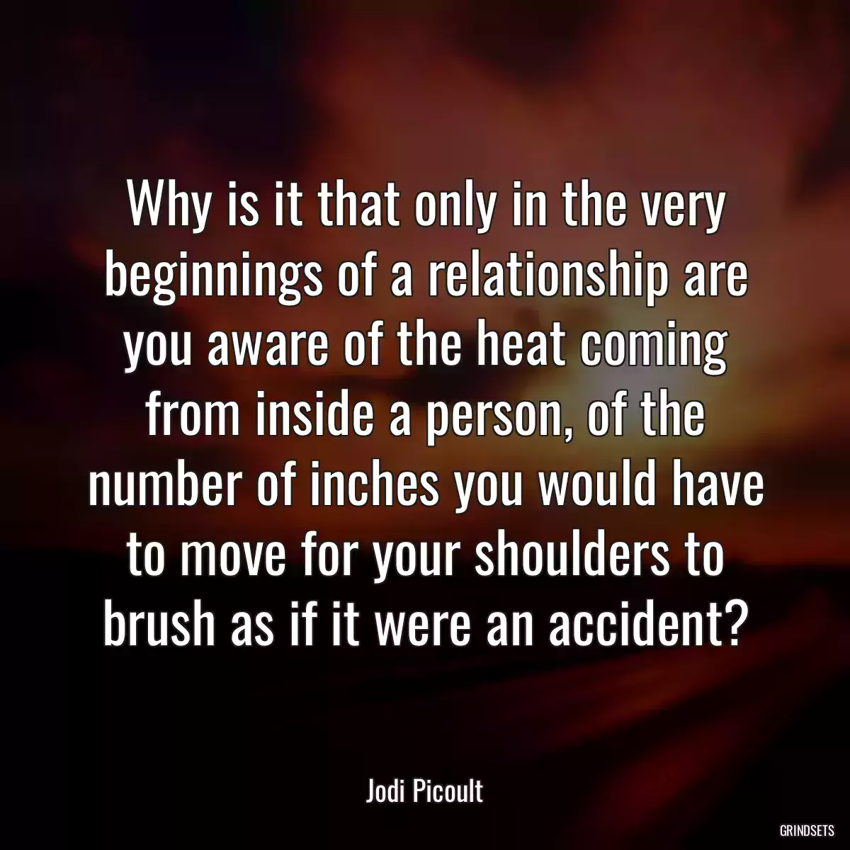 Why is it that only in the very beginnings of a relationship are you aware of the heat coming from inside a person, of the number of inches you would have to move for your shoulders to brush as if it were an accident?