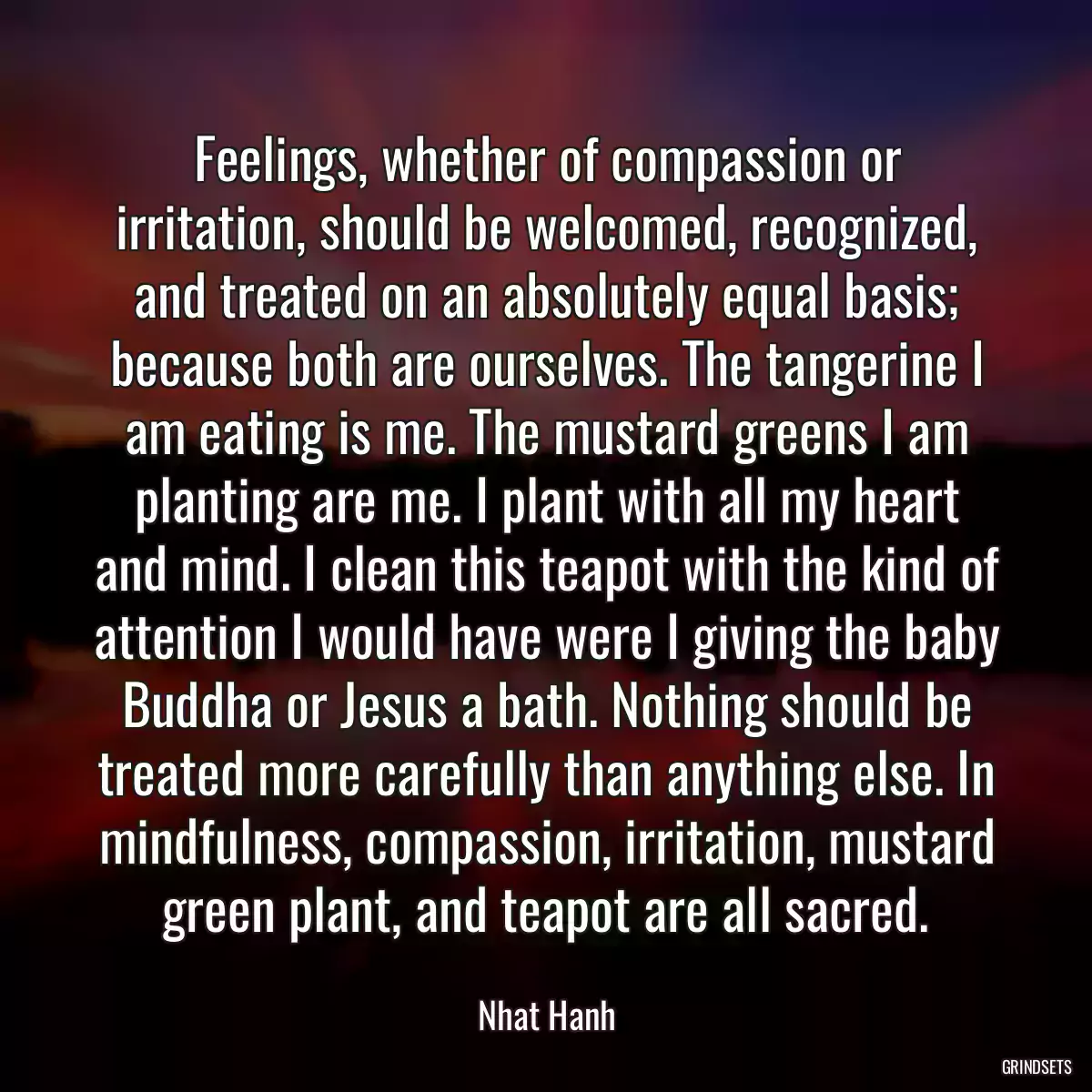 Feelings, whether of compassion or irritation, should be welcomed, recognized, and treated on an absolutely equal basis; because both are ourselves. The tangerine I am eating is me. The mustard greens I am planting are me. I plant with all my heart and mind. I clean this teapot with the kind of attention I would have were I giving the baby Buddha or Jesus a bath. Nothing should be treated more carefully than anything else. In mindfulness, compassion, irritation, mustard green plant, and teapot are all sacred.