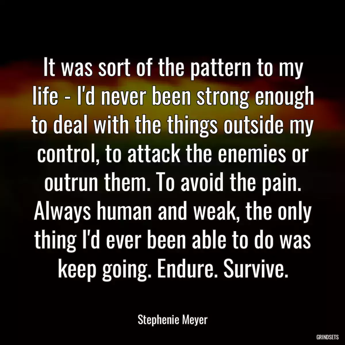 It was sort of the pattern to my life - I\'d never been strong enough to deal with the things outside my control, to attack the enemies or outrun them. To avoid the pain. Always human and weak, the only thing I\'d ever been able to do was keep going. Endure. Survive.