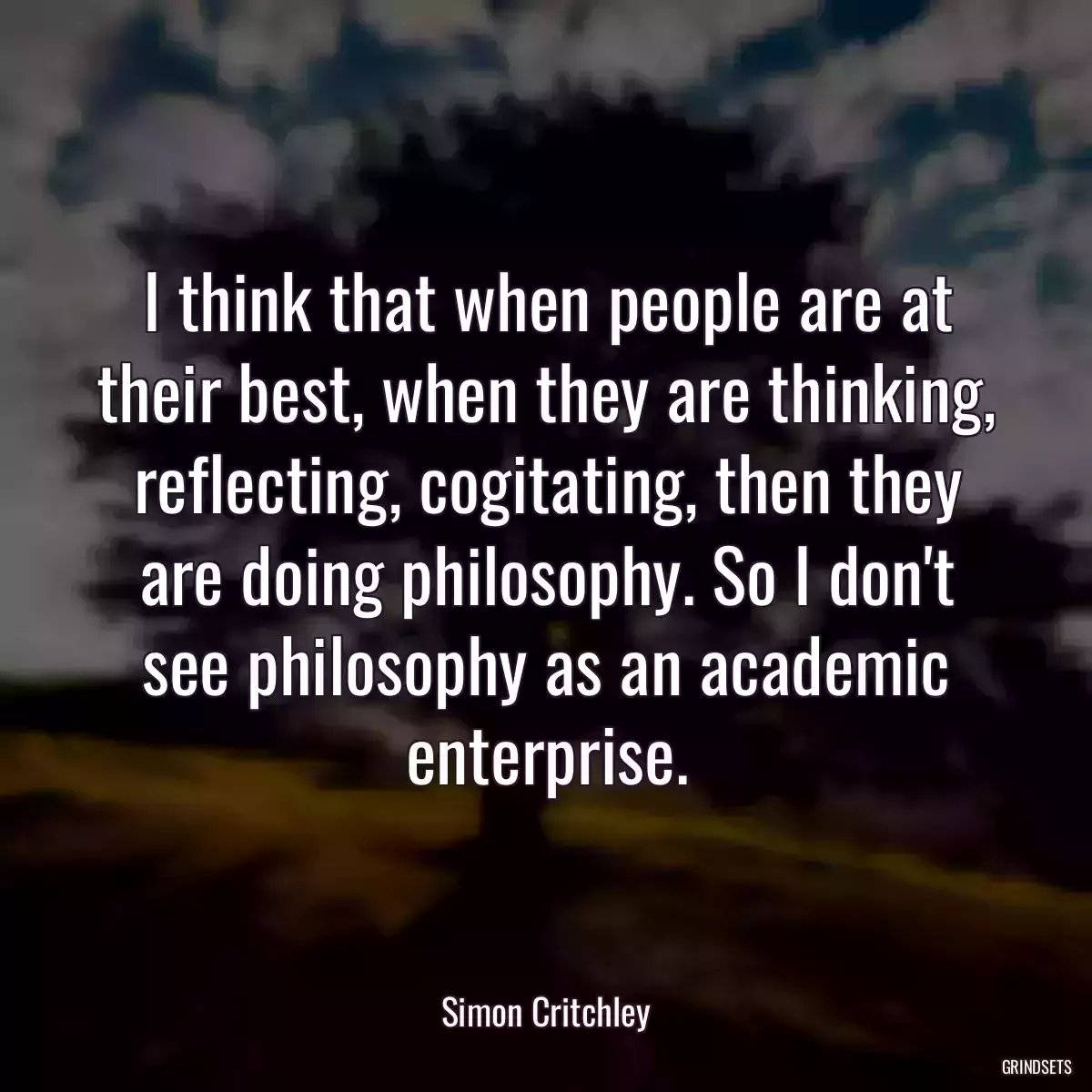 I think that when people are at their best, when they are thinking, reflecting, cogitating, then they are doing philosophy. So I don\'t see philosophy as an academic enterprise.