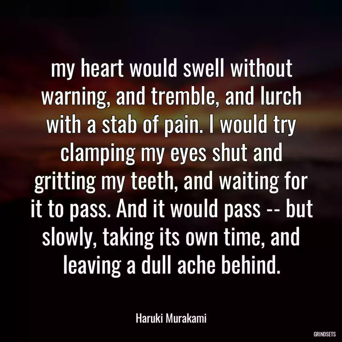 my heart would swell without warning, and tremble, and lurch with a stab of pain. I would try clamping my eyes shut and gritting my teeth, and waiting for it to pass. And it would pass -- but slowly, taking its own time, and leaving a dull ache behind.